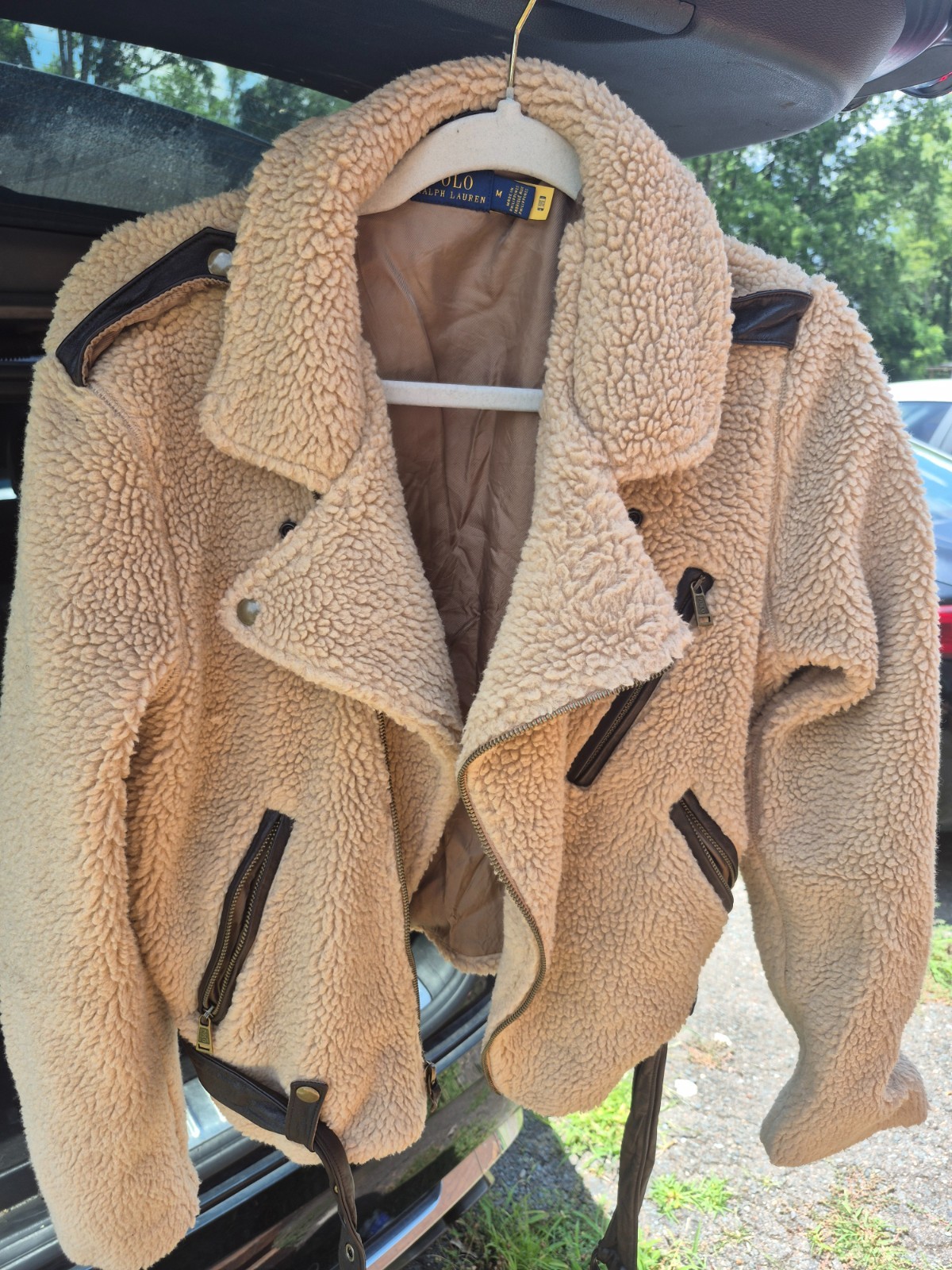 POLO RALPH LAUREN Sherpa Fleece Moto Jacket Leather Trim Women’s Size Large