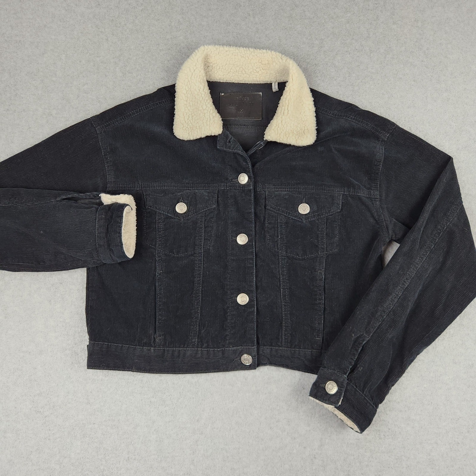 Refuge Denim Trucker Jacket Womens M Black Corduroy Sherpa Collar Cropped