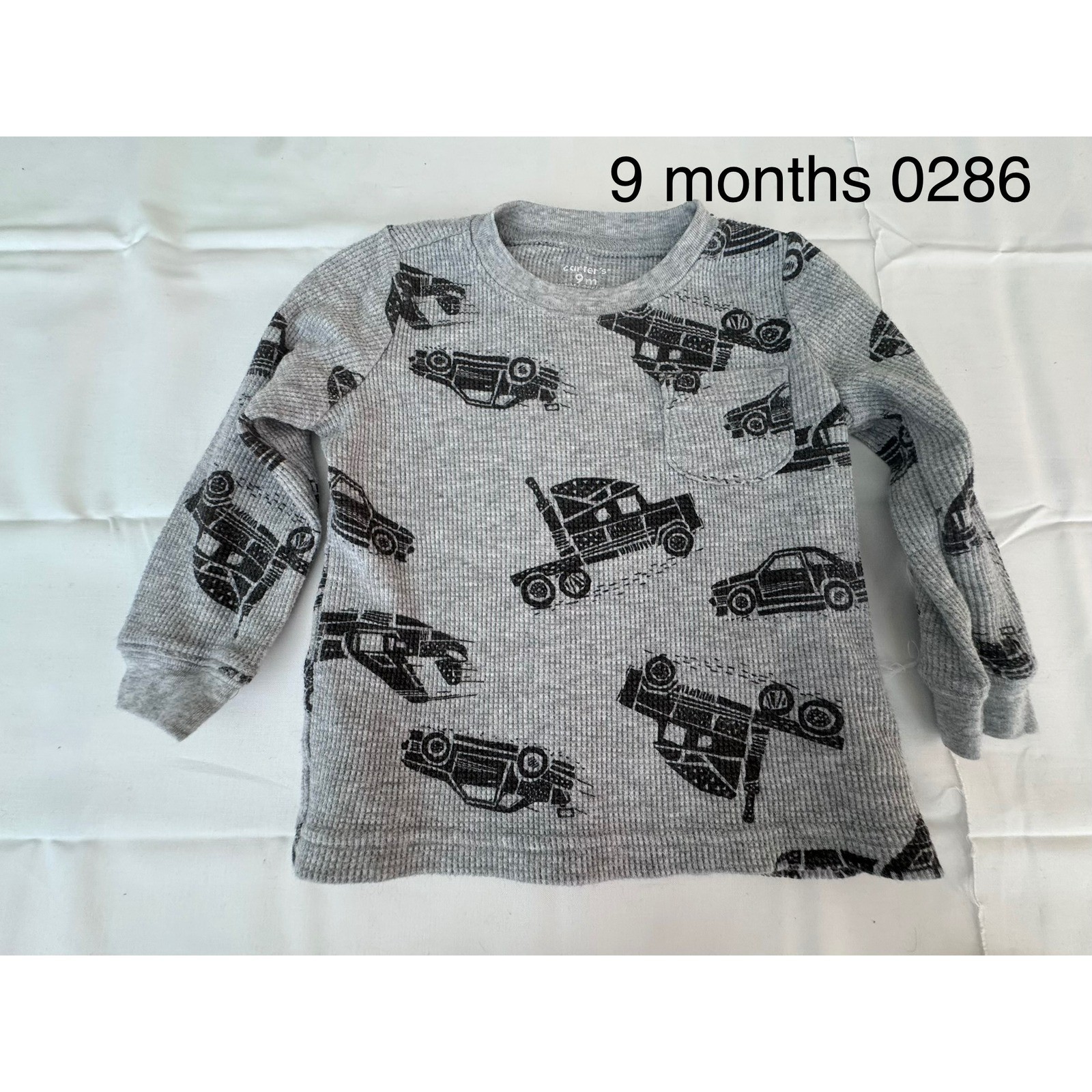 Carters Baby Boys Grey Waffle Knit Thermal Long Sleeve Car Truck Shirt 9 Months