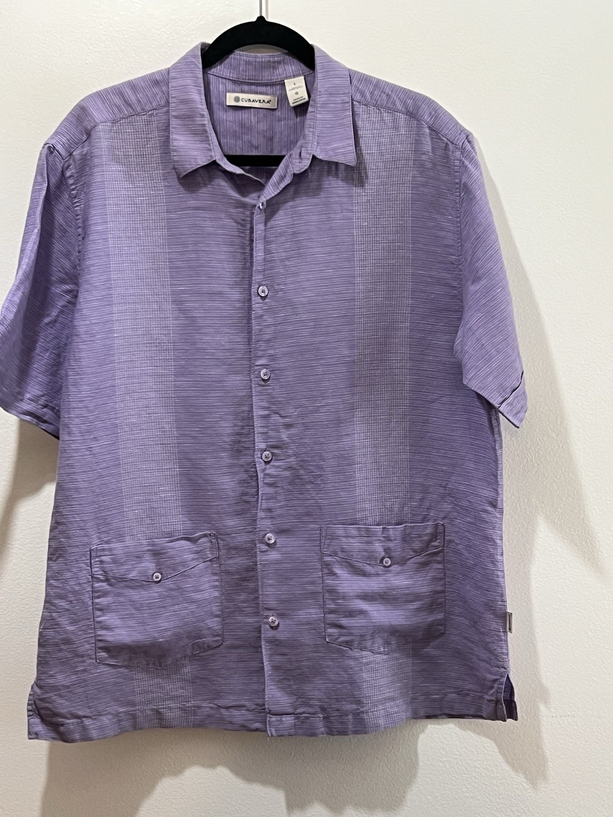 Cubavera L Purple Striped Linen/Cotton Short Sleeve Button-Up Shirt