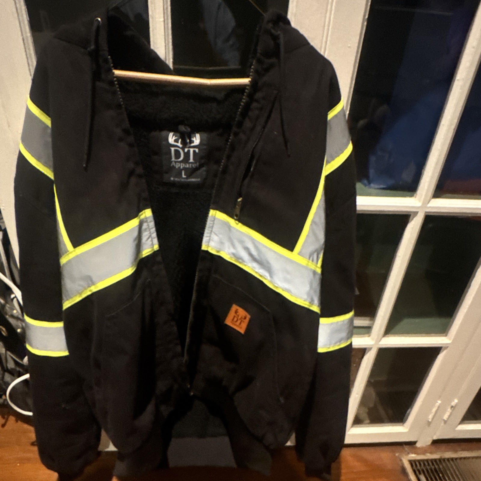 DT Apparel Hi-Vis Reflective Hooded WarmFleece Work Jacket L Black/Silver/Yellow