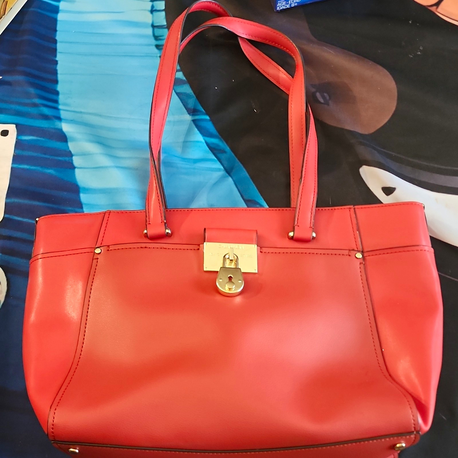 Calvin Klein Red Large Satchel Top Handle Bag Gold Hardware Turn Lock