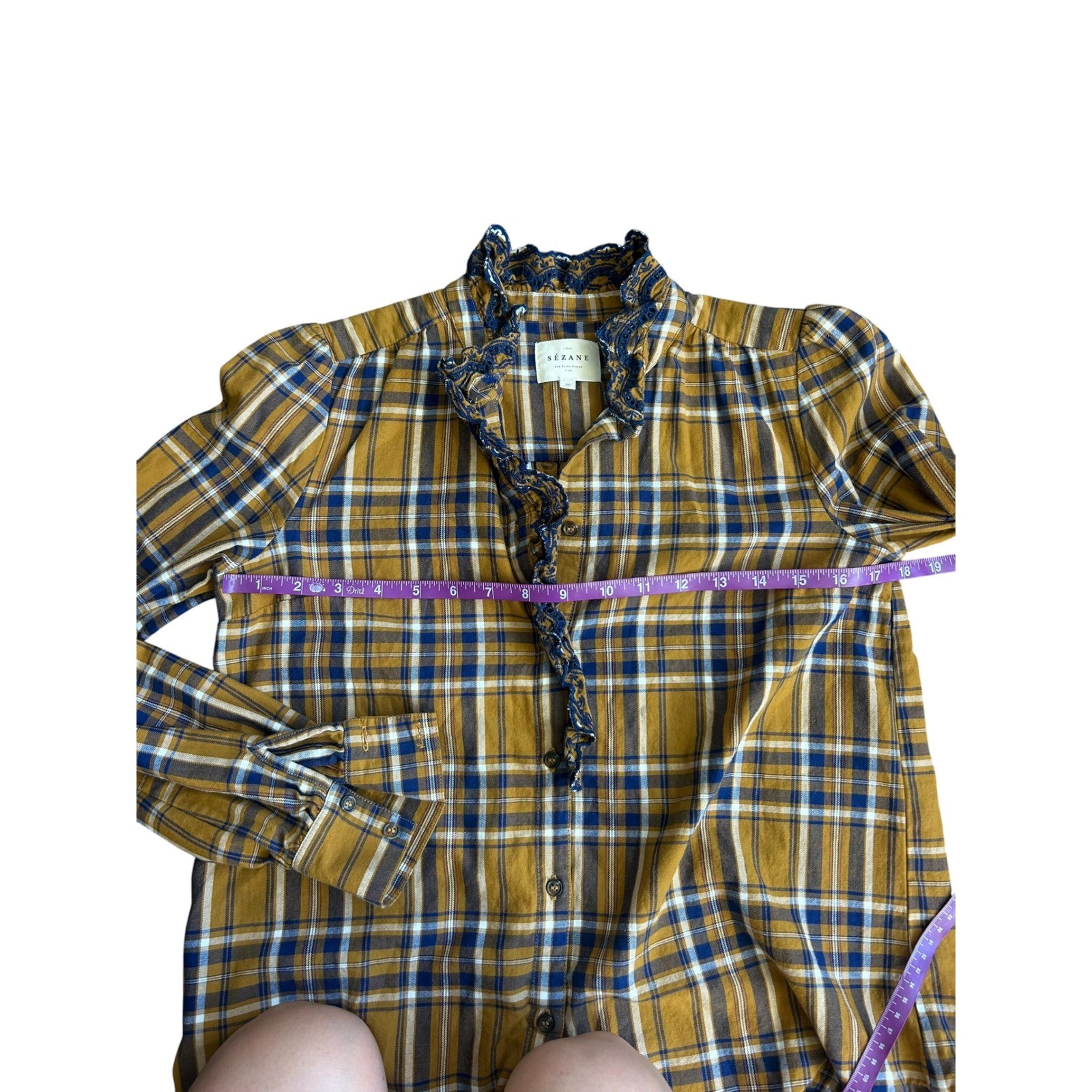 Sezane Chlo Shirt Mustard Yellow Navy Plaid Ruffle Lace Organic Cotton Blouse 36