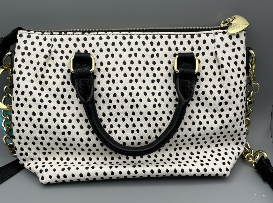 Betsey Johnson Polka Dot Shoulder Bag Purse Black & White Turquoise Bow Charm