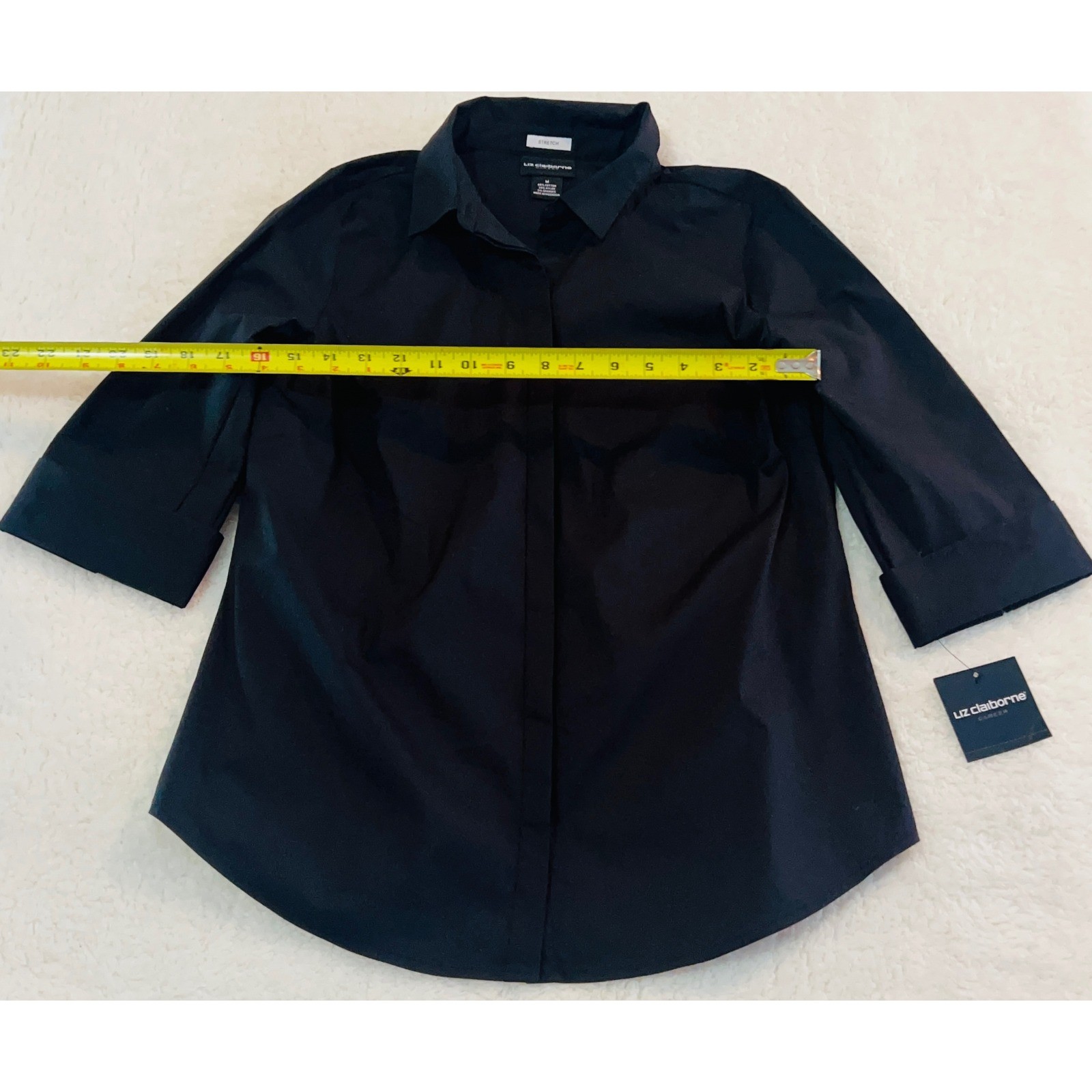 Liz Claiborne Career Black Stretch Button Up Shirt 3/4 Sleeve Hidden Placket M