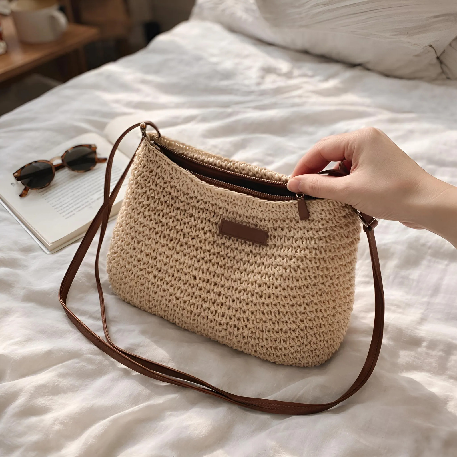 Woven Straw Tote Bag, Zipper Shoulder Purse, Minimalist Summer Vacation Bag