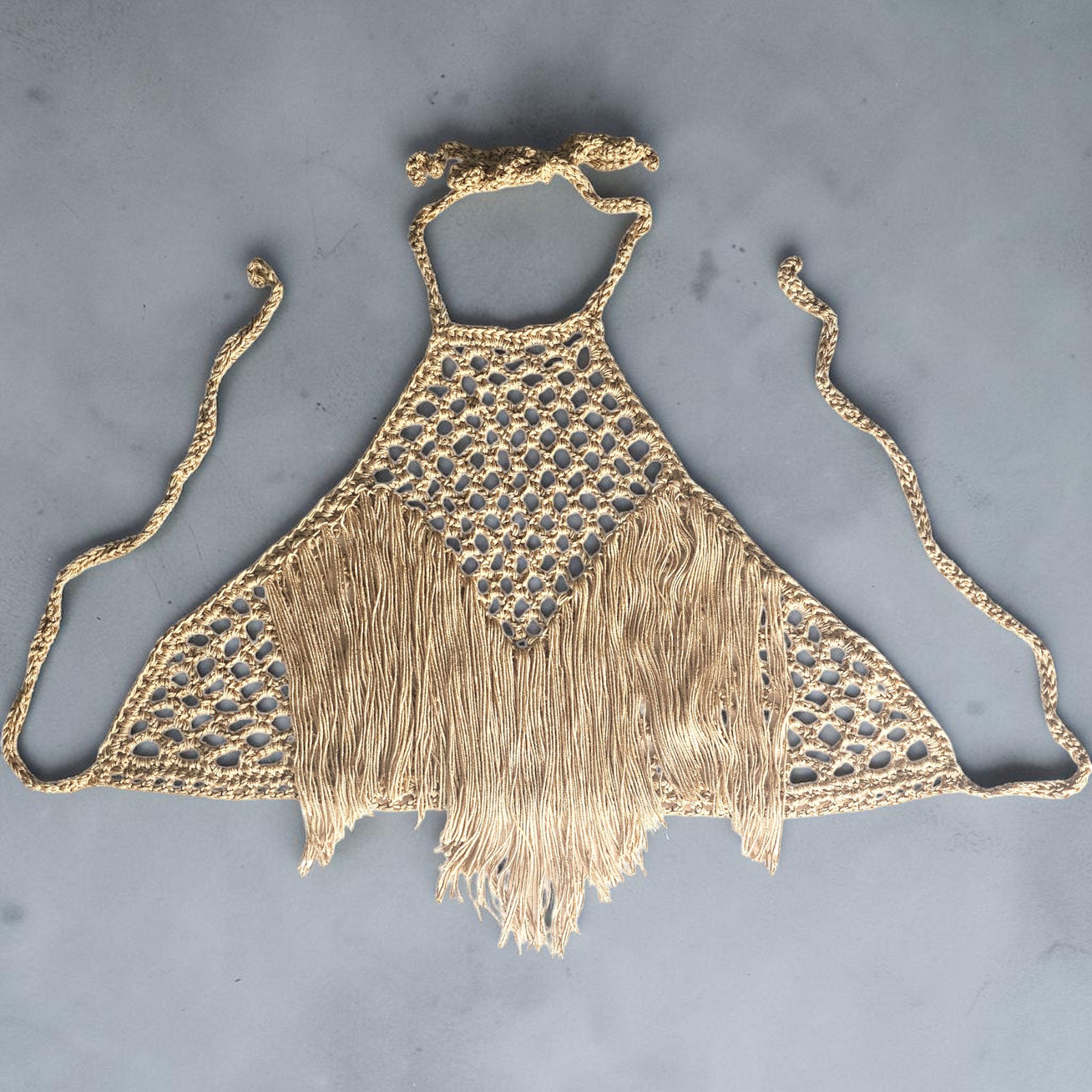 Handmade Crochet Halter Top Gold Small Fringe Boho Festival Sleeveless