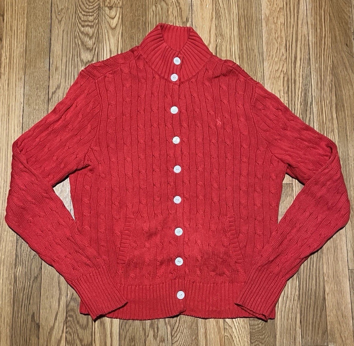 Lauren Ralph Lauren Red Cable Knit Mock Neck Cardigan Sweater XL Preppy Cottage