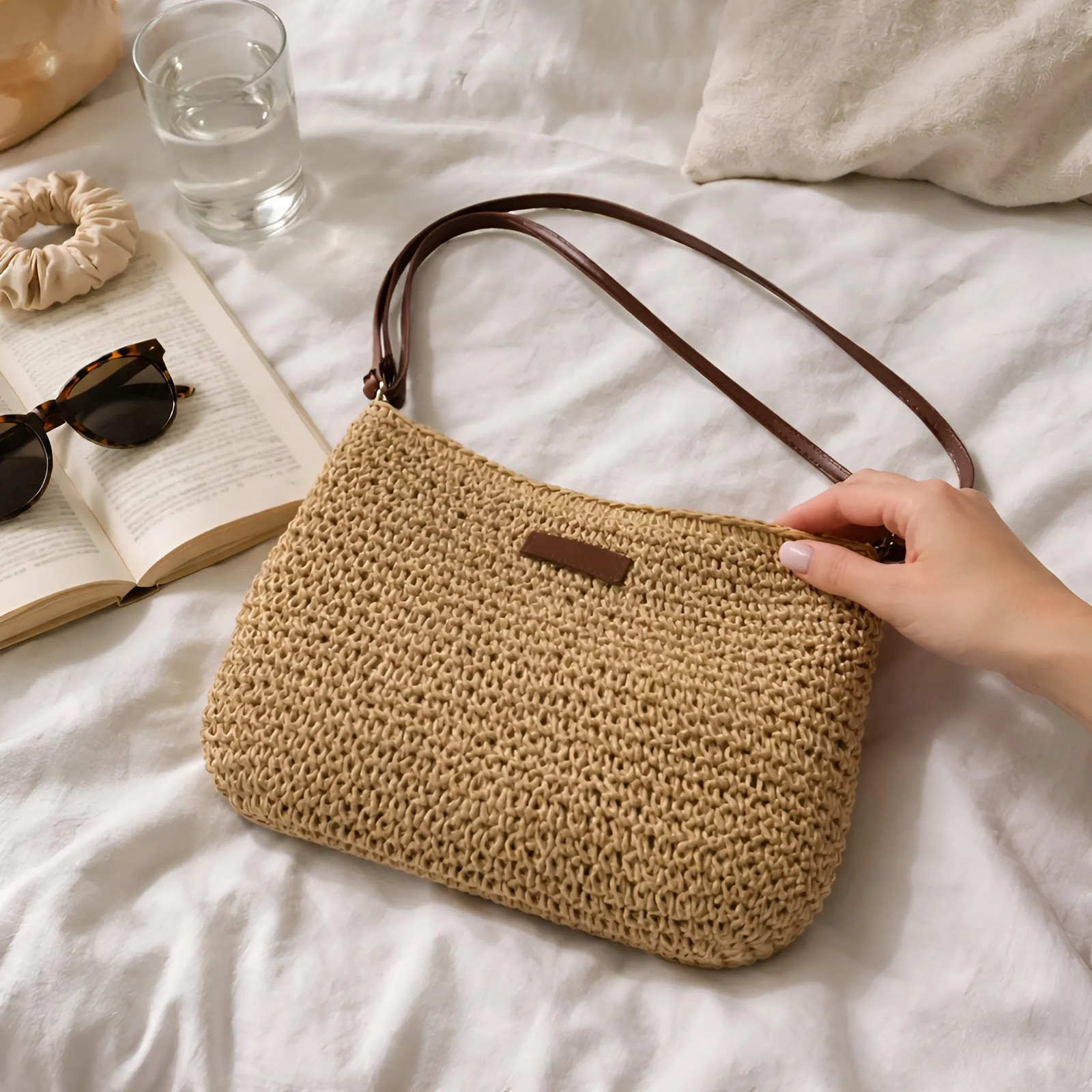 Woven Straw Tote Bag, Zipper Shoulder Purse, Minimalist Summer Vacation Bag
