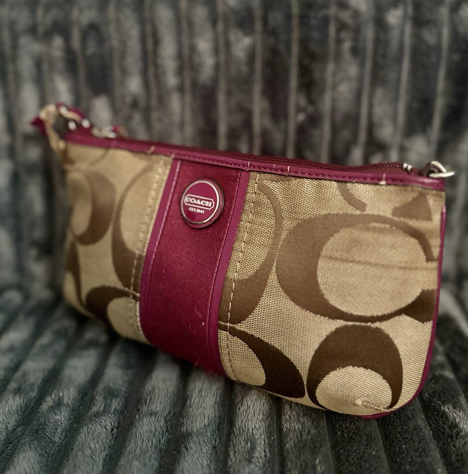 Coach Signature Khaki Canvas Pink Leather Trim Zip Wristlet Clutch Pouch Wallet