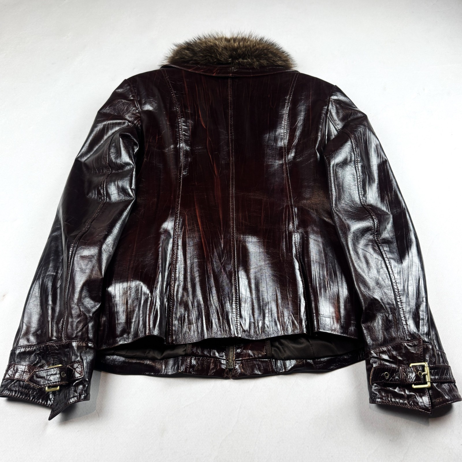 Womens Vintage Brown Leather Jacket Fur Collar Buckle Pocket Biker Moto Style