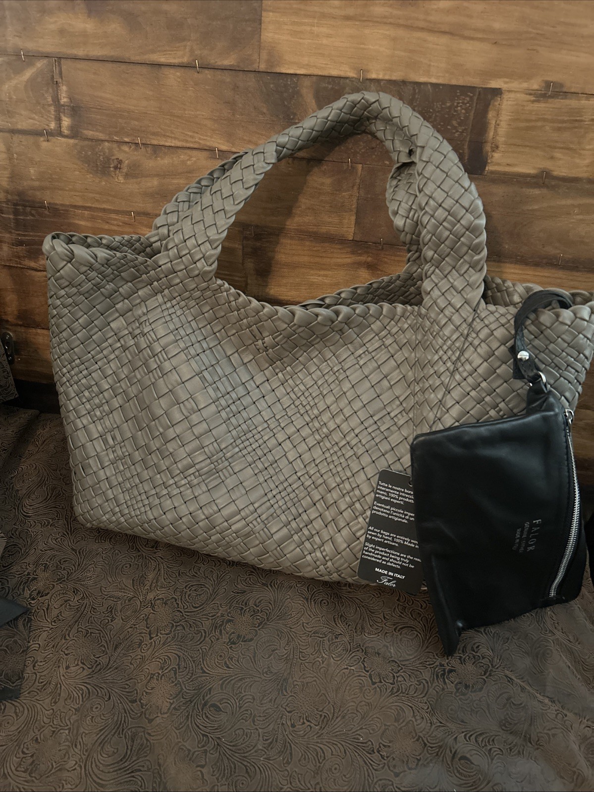 FALOR F749T X-Large Taupe Woven Leather Tote Bag falorni Women NWT