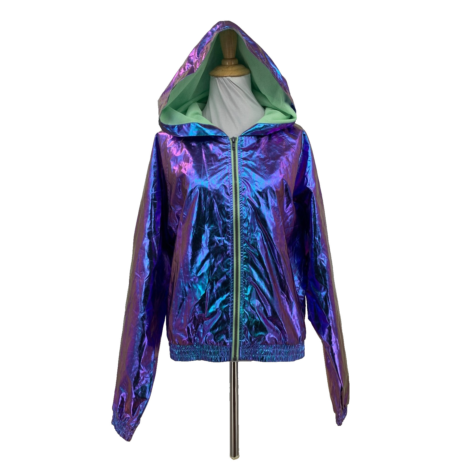 Forever 21 Jacket Women S Small Holographic Iridescent Hooded Windbreaker Pocket