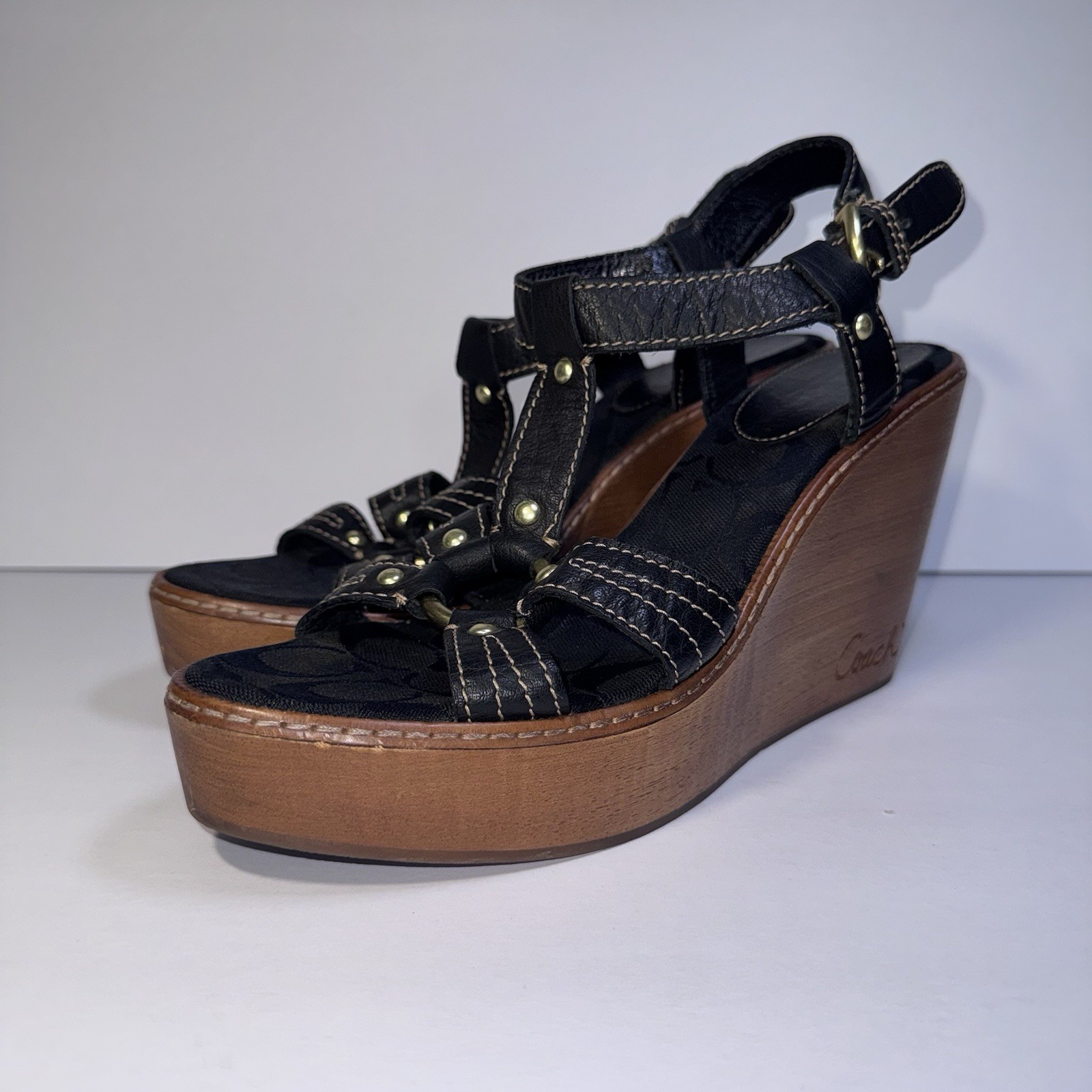 Coach Womens Mayra Wedge Sandals Wood Midsole Signature C Monogram Size 10B EUC