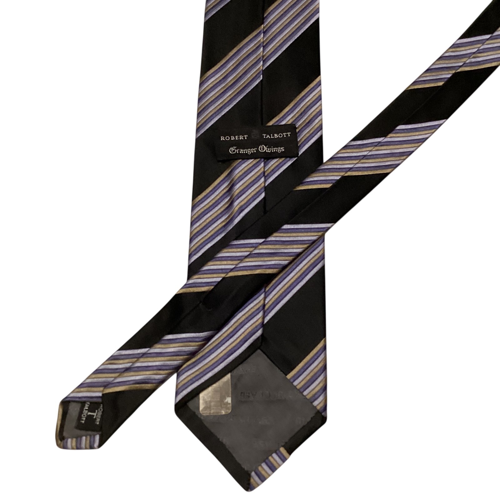 ROBERT TALBOTT Best of Class Silk Necktie Designer STRIPED Black/Blue/Beige EUC