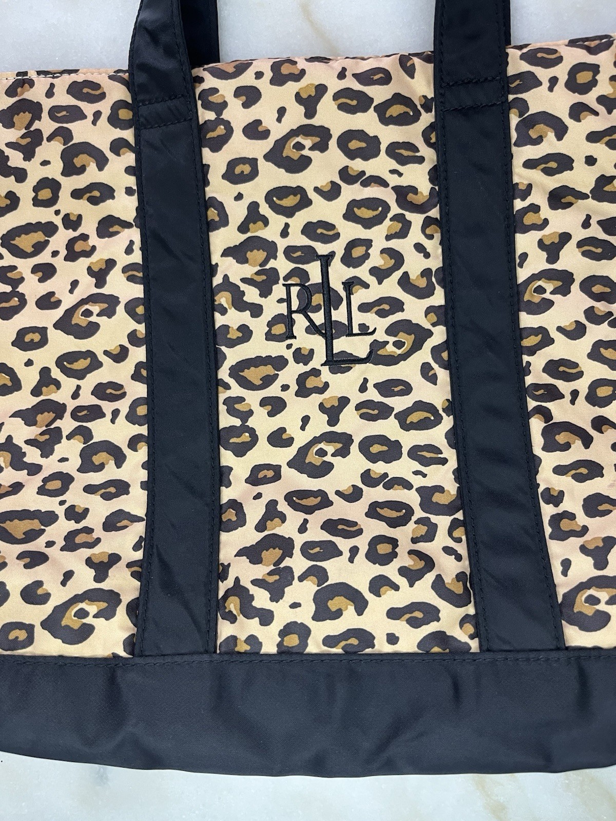 Lauren Ralph Lauren Leopard Print Tote Bag Black Trim & Handles Travel Resort