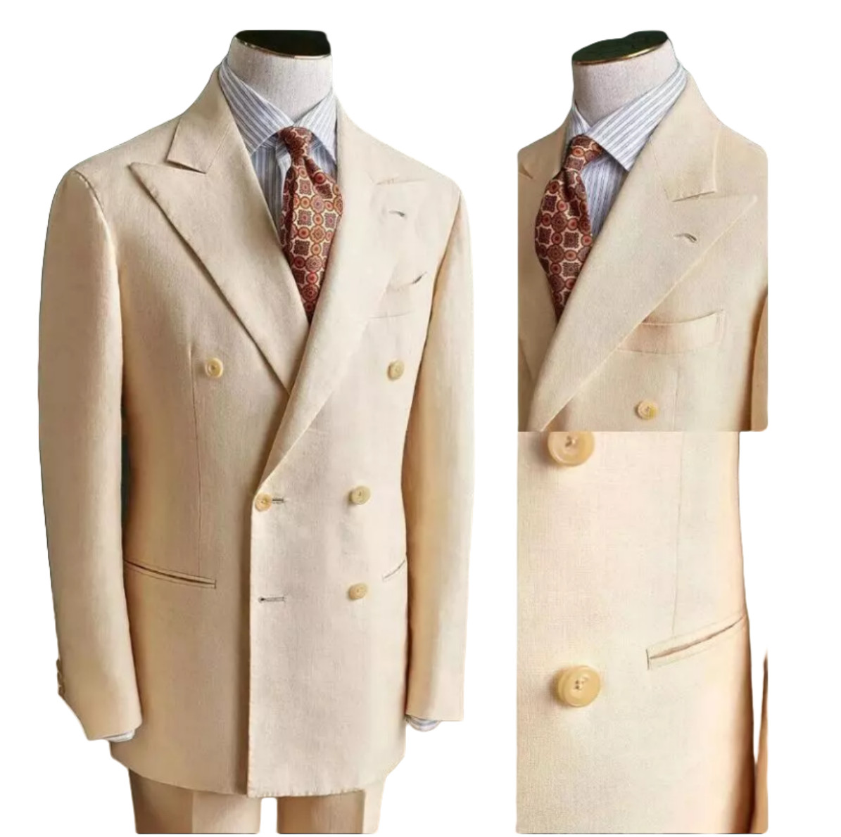 Linen 2 Pieces Men’s Suits Cream Double Breasted Summer Wedding Party Blazer