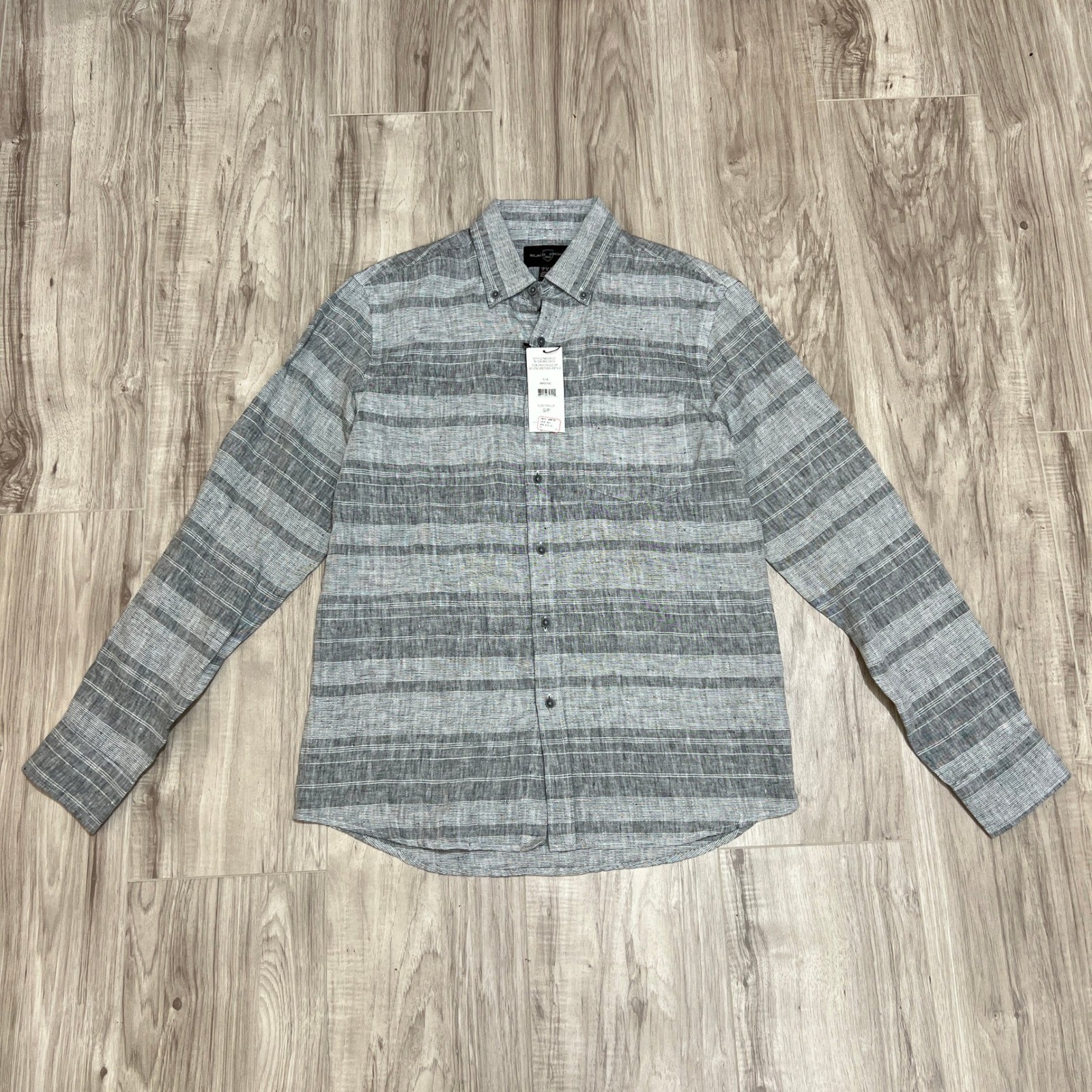 Black Brown 1826 Mens Small NWT 100% Linen Long Sleeve Grey Stripe Shirt Beach