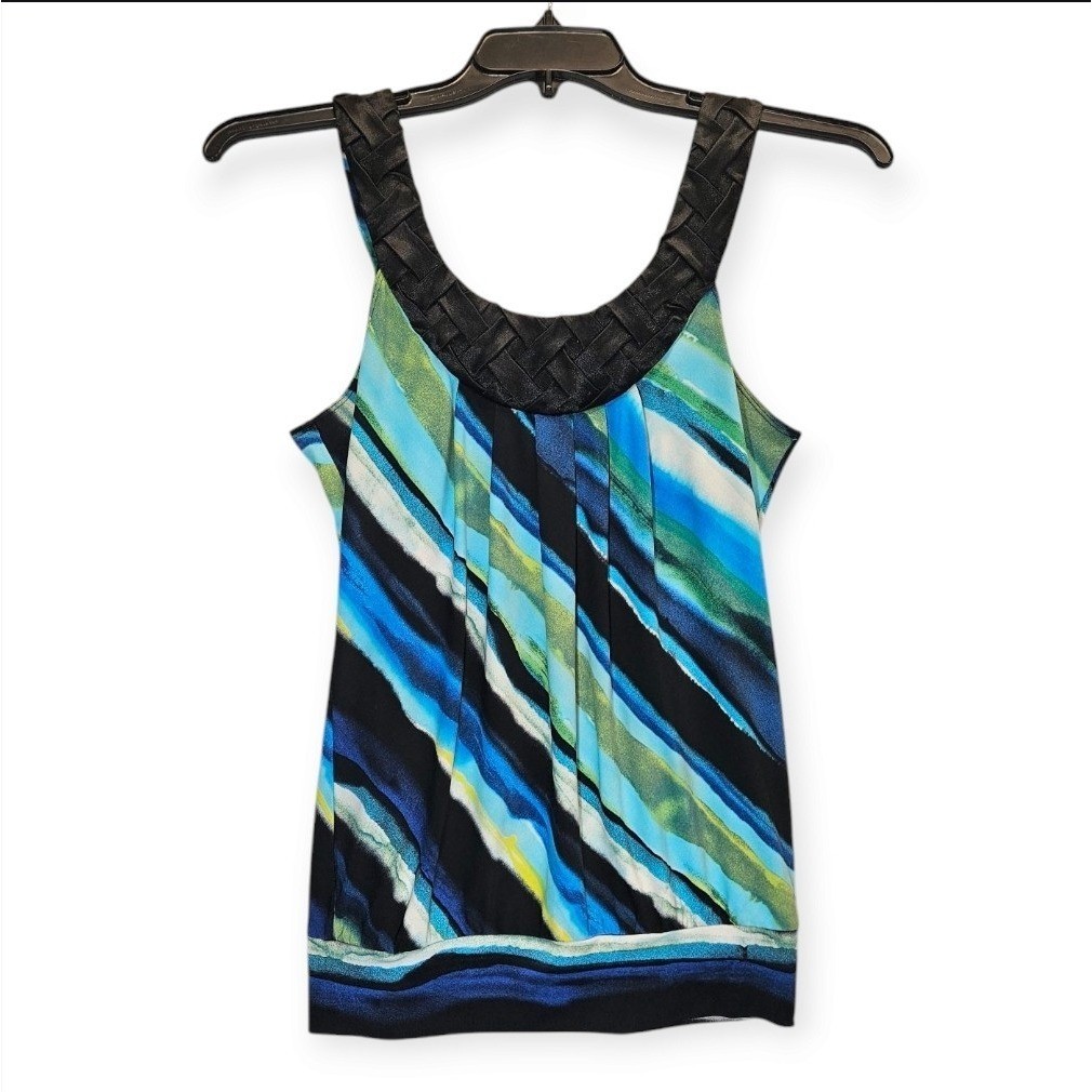 Heart Soul Shirt Medium Black Blue Striped Sleeveless Tank Blouse Office Siren