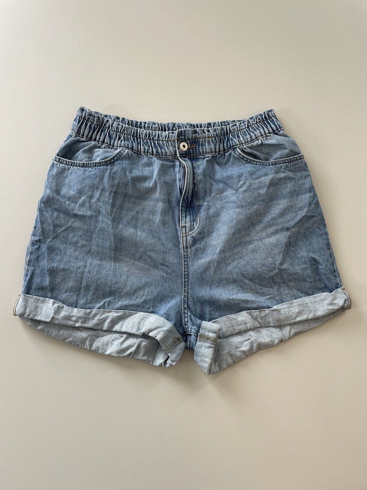 Maddy High Rise Paperbag Denim Shorts Size 16 Blue Cuffed