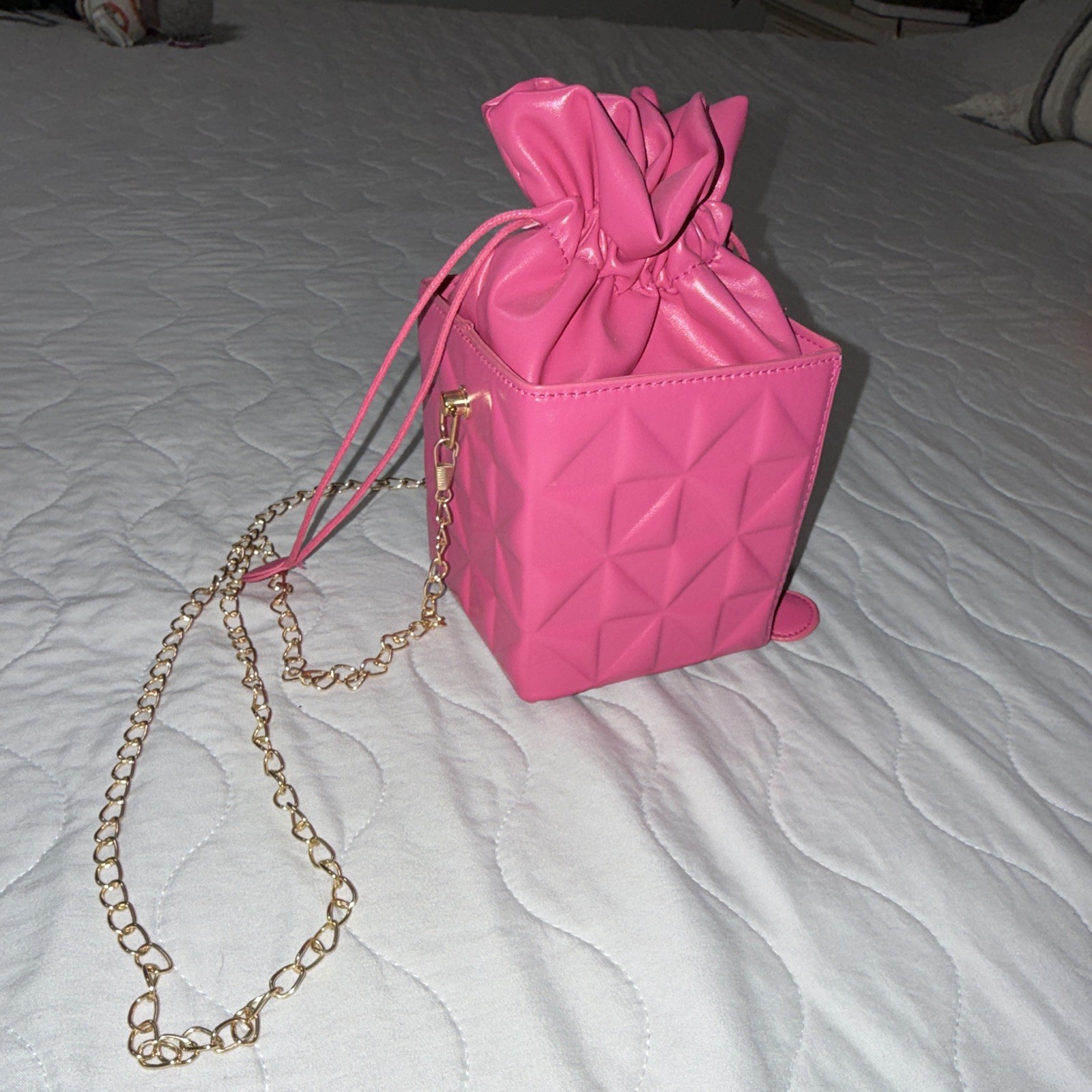 Pink Quilted Mini Crossbody Bag Drawstring Closure Gold Chain Detachable Strap