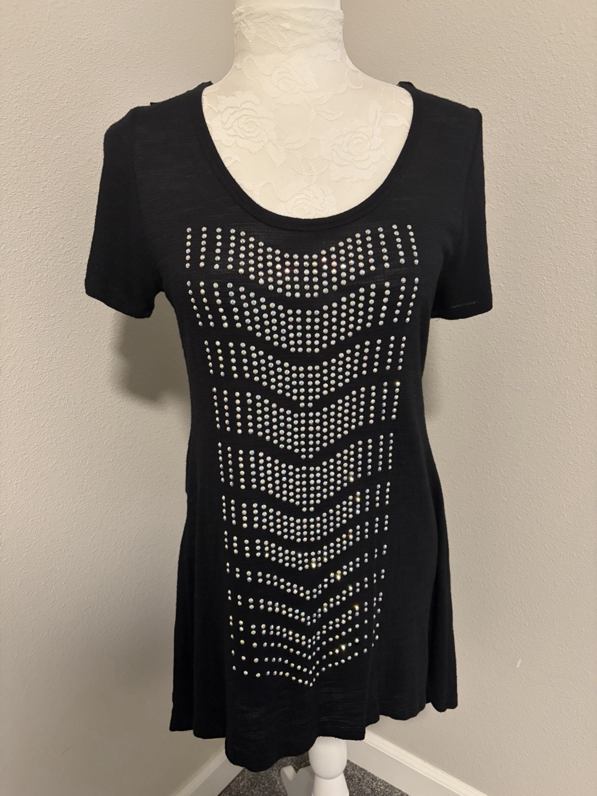 Vocal Black Knit Crystal Studded Tunic Top~ M~Hi Low Lace Back Whimsigoth Rocker
