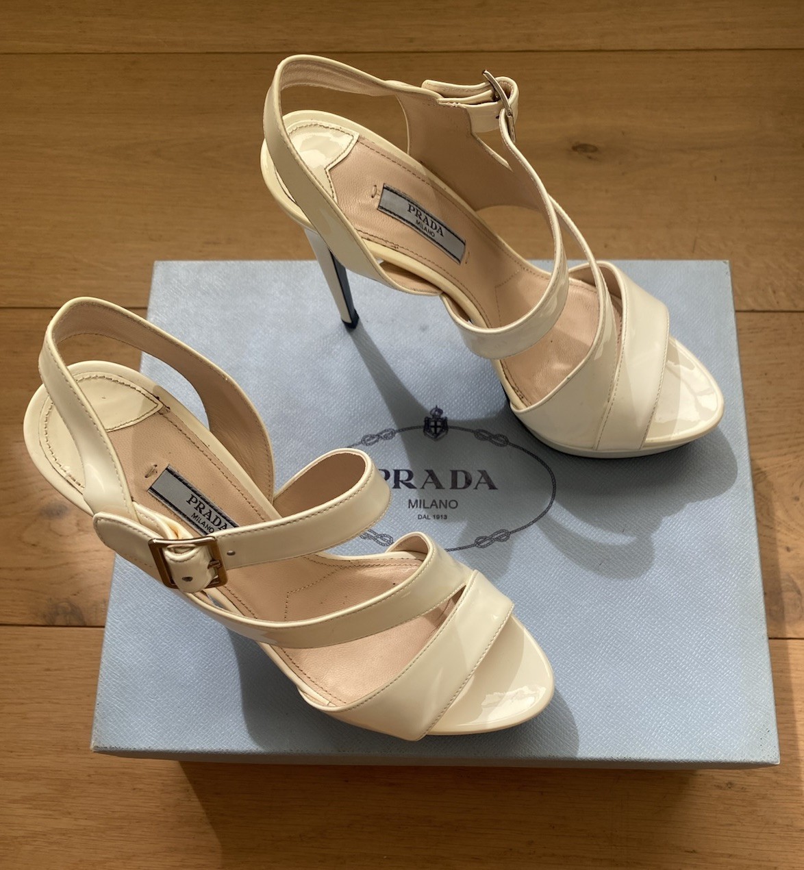 PRADA Leather Stiletto Strappy Sandals Heels 12cm in Bianco/cream 37.5 Aus 6.5