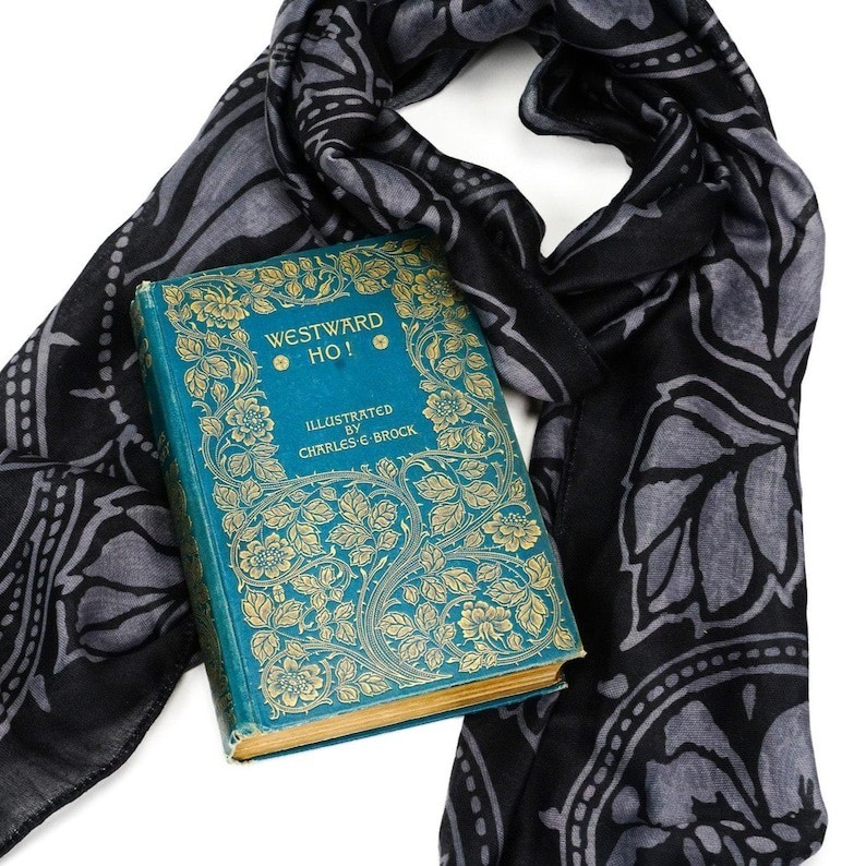 Floral Cotton Blend Scarf – Black & Grey Gothic Shawl