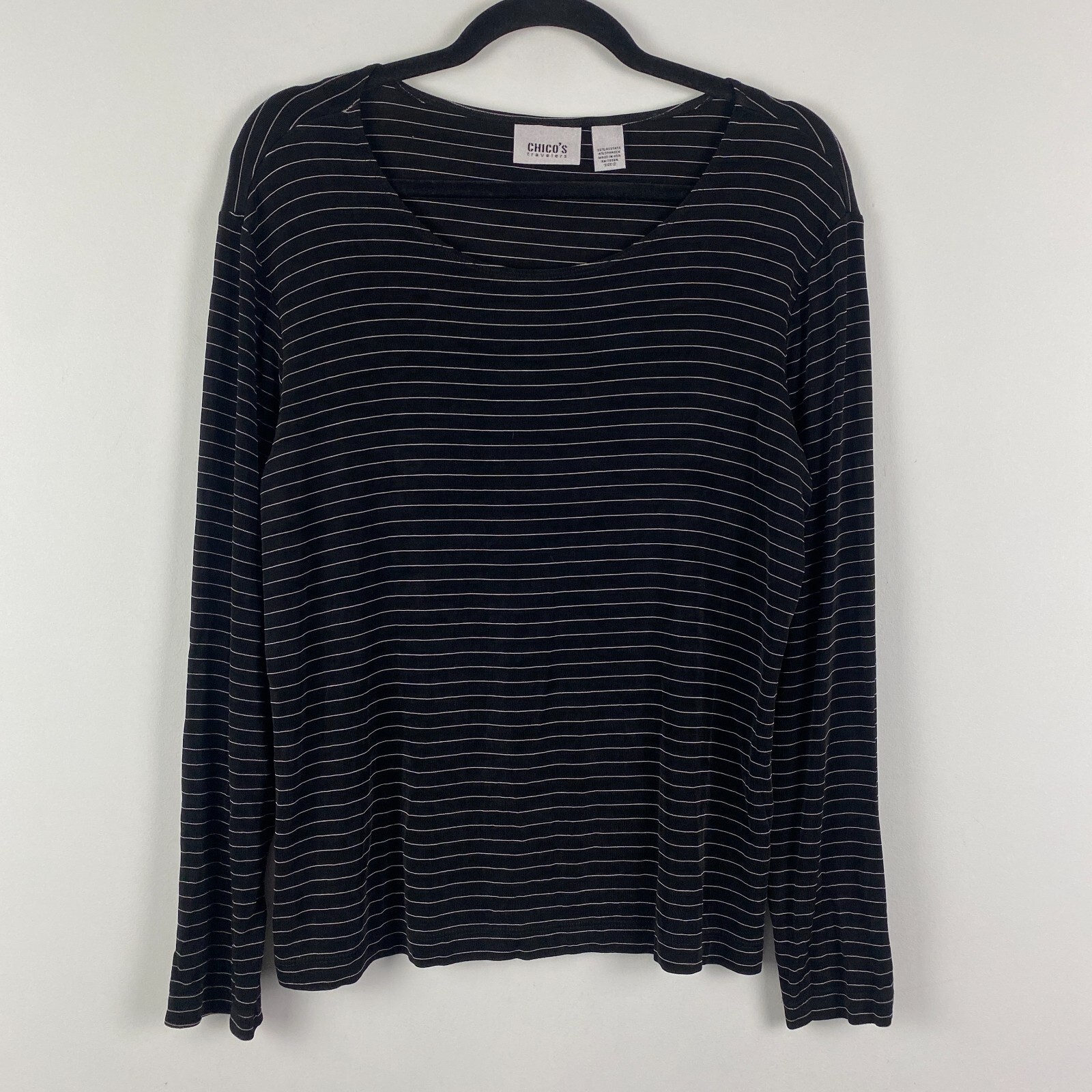 Chicos Travelers Top Womens 2 US L Black White Stripe Red Trim Slinky Knit