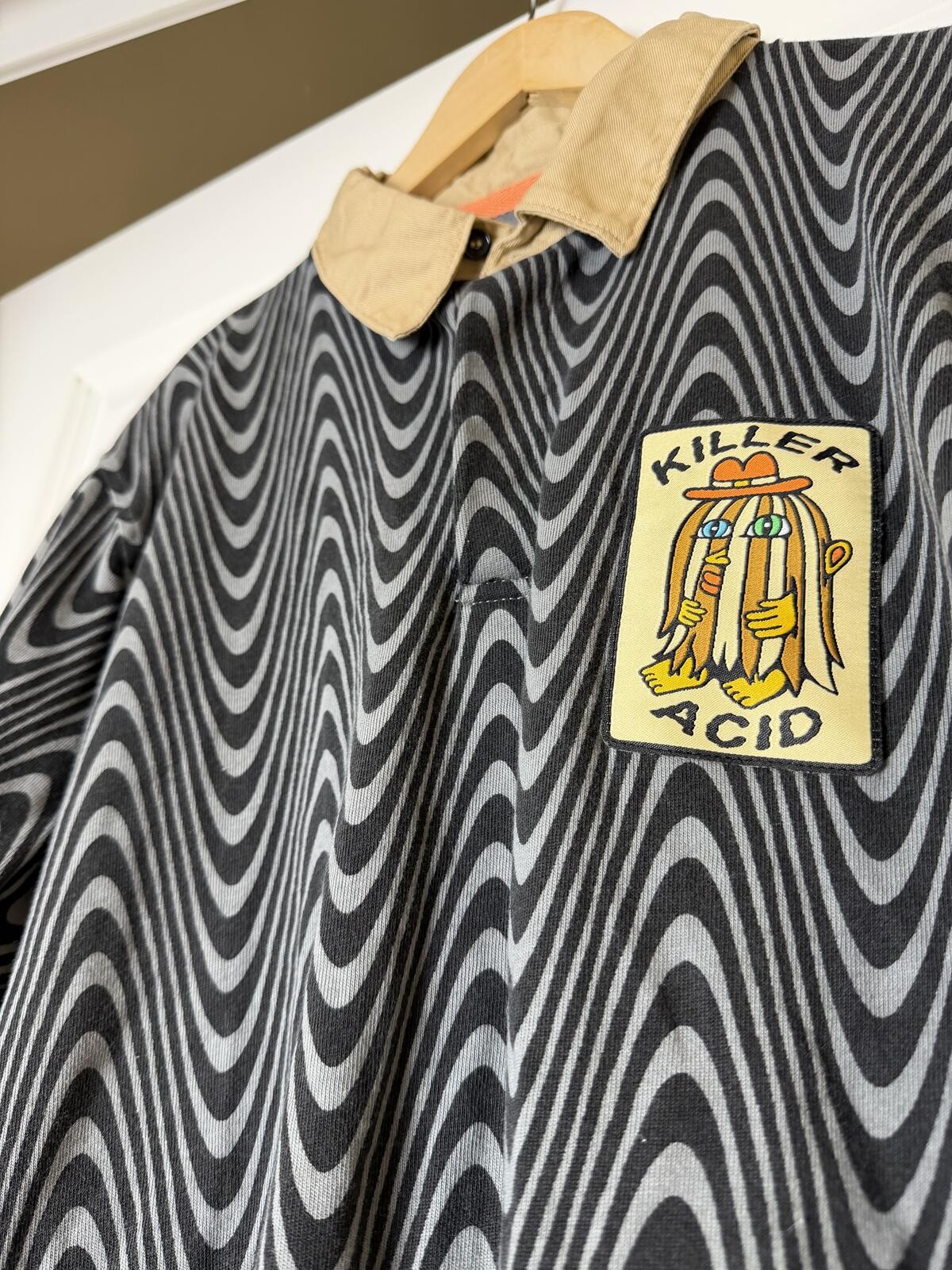 Killer Acid Mens Long Sleeve Black Swirl Polo Shirt Medium Psychedelic Pattern