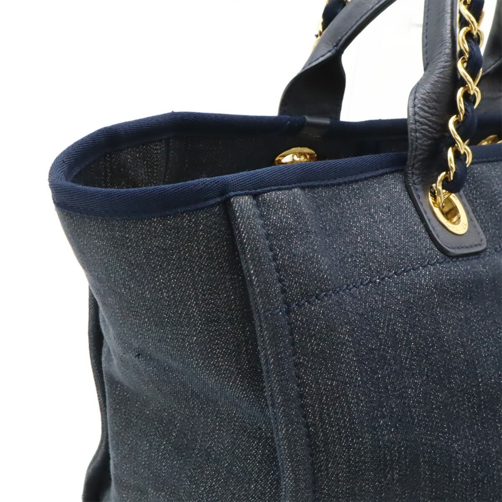 CHANEL Deauville Tote MM Medium Bag Shoulder Chain Denim Navy A67001 GZl1i6xz