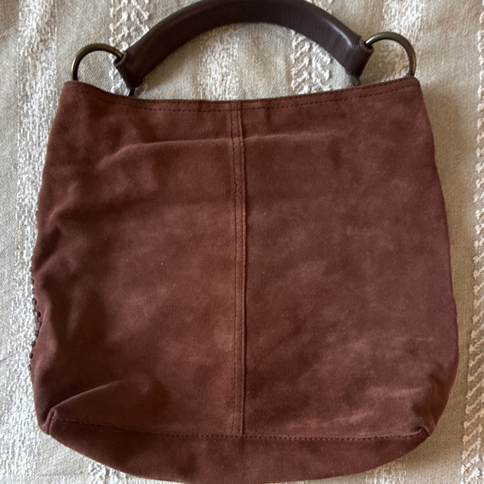 Lucky Brand Brown Floral Studded Whipstitch Shoulder Bag, Zip, Brass HW