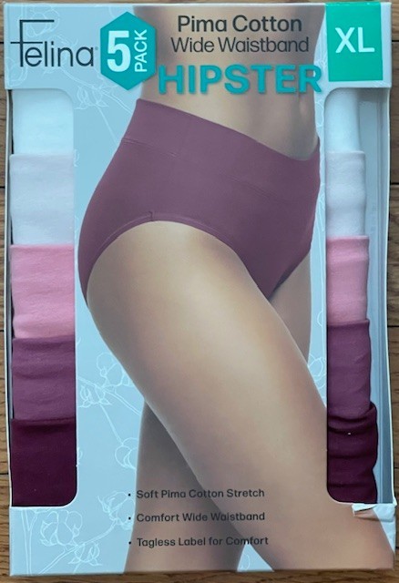 Felina, 5-Pack Pima Cotton Stretch Wide Waistband Hipster Panties (Size XLarge)