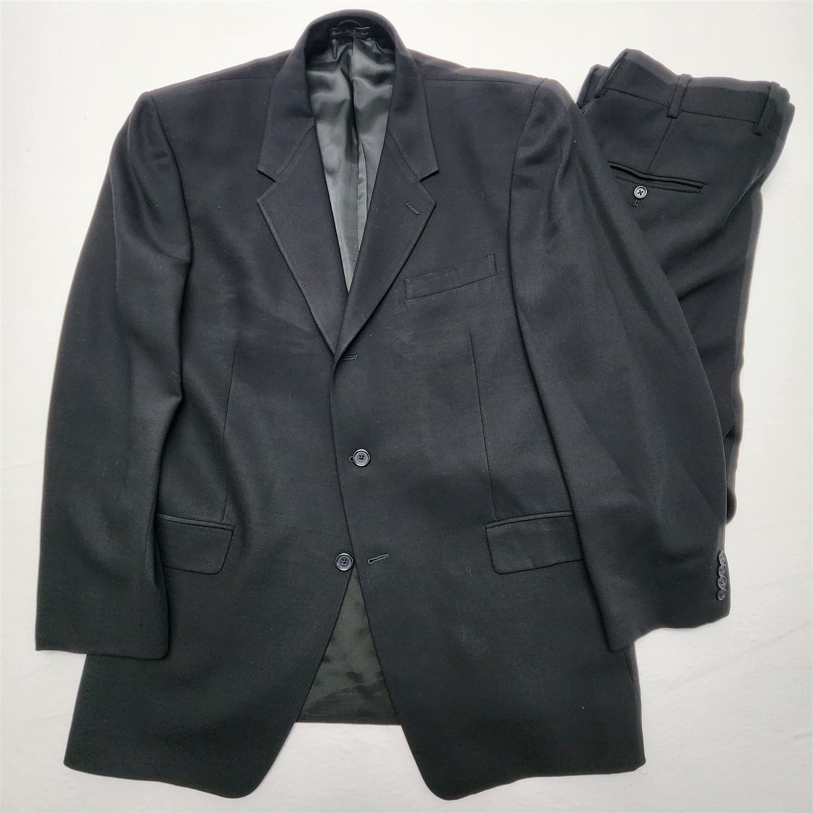 Vtg Kenneth Cole 44L 38×32 Black 100% Wool 3Btn 2Pc Mens Jacket Pants Suit