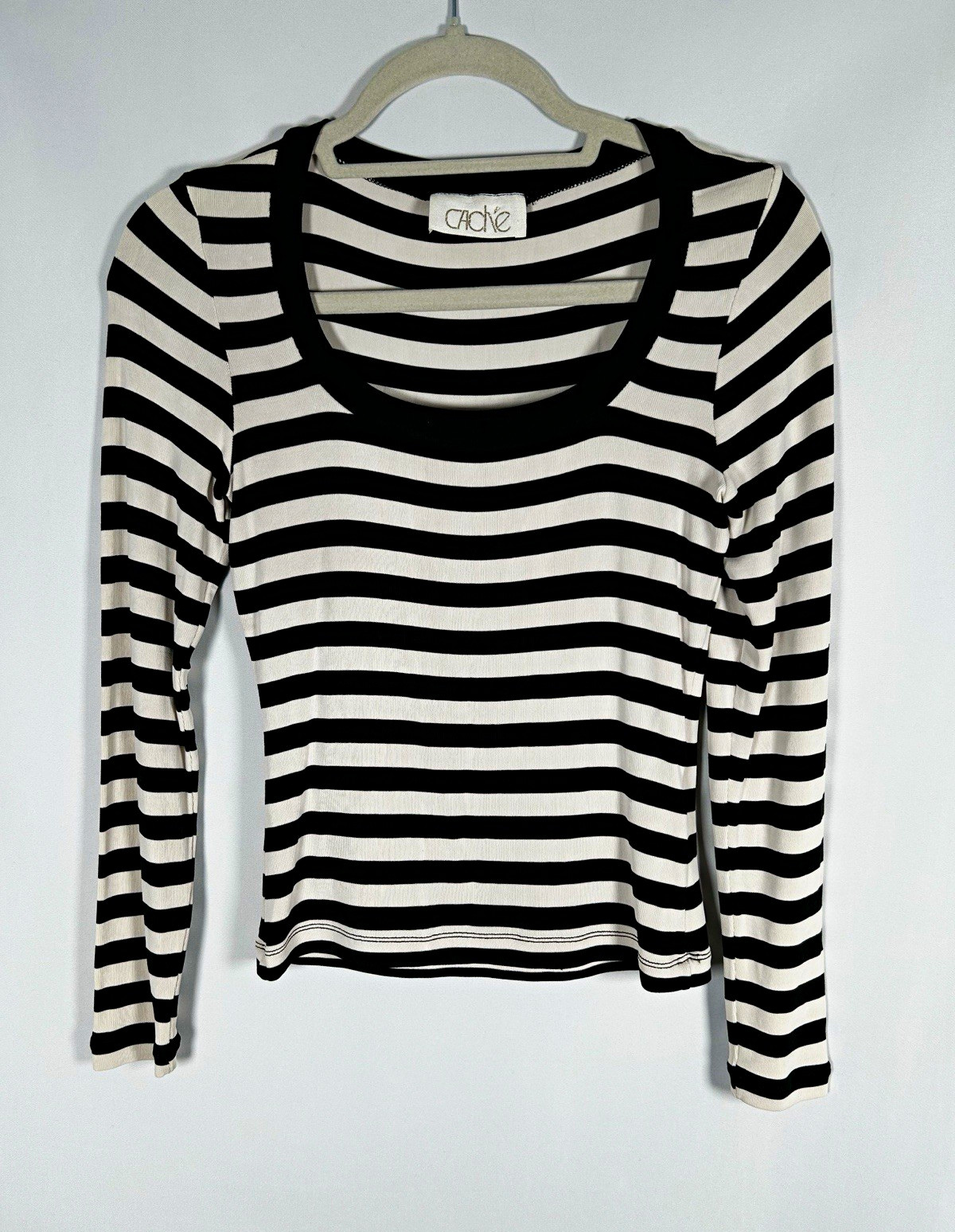 Vintage Caché Striped Scoop Neck Long Sleeve Top Black White