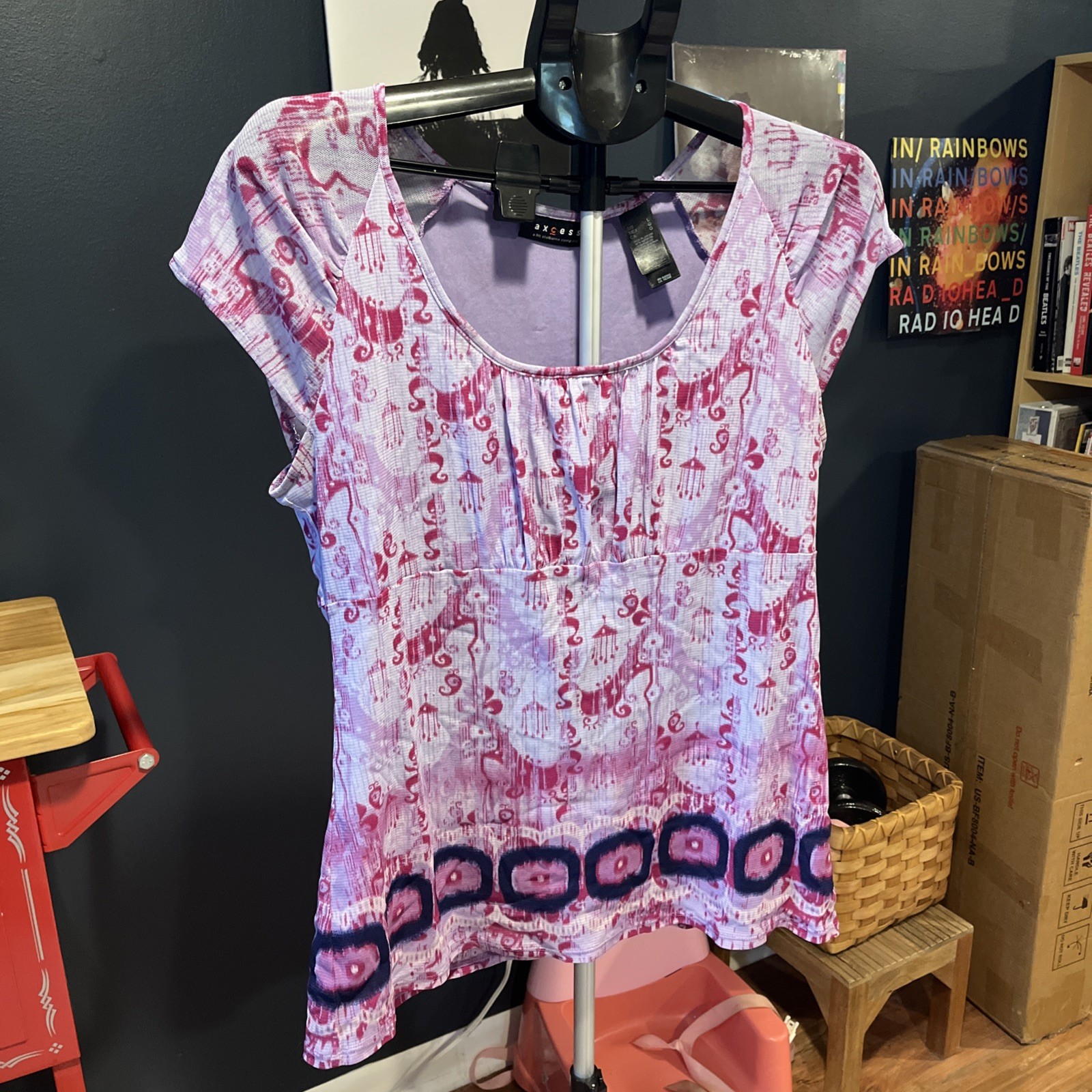 Axcess L Top Stretch Purple Blouse Lined Baby doll Top- Purple w sheer lining