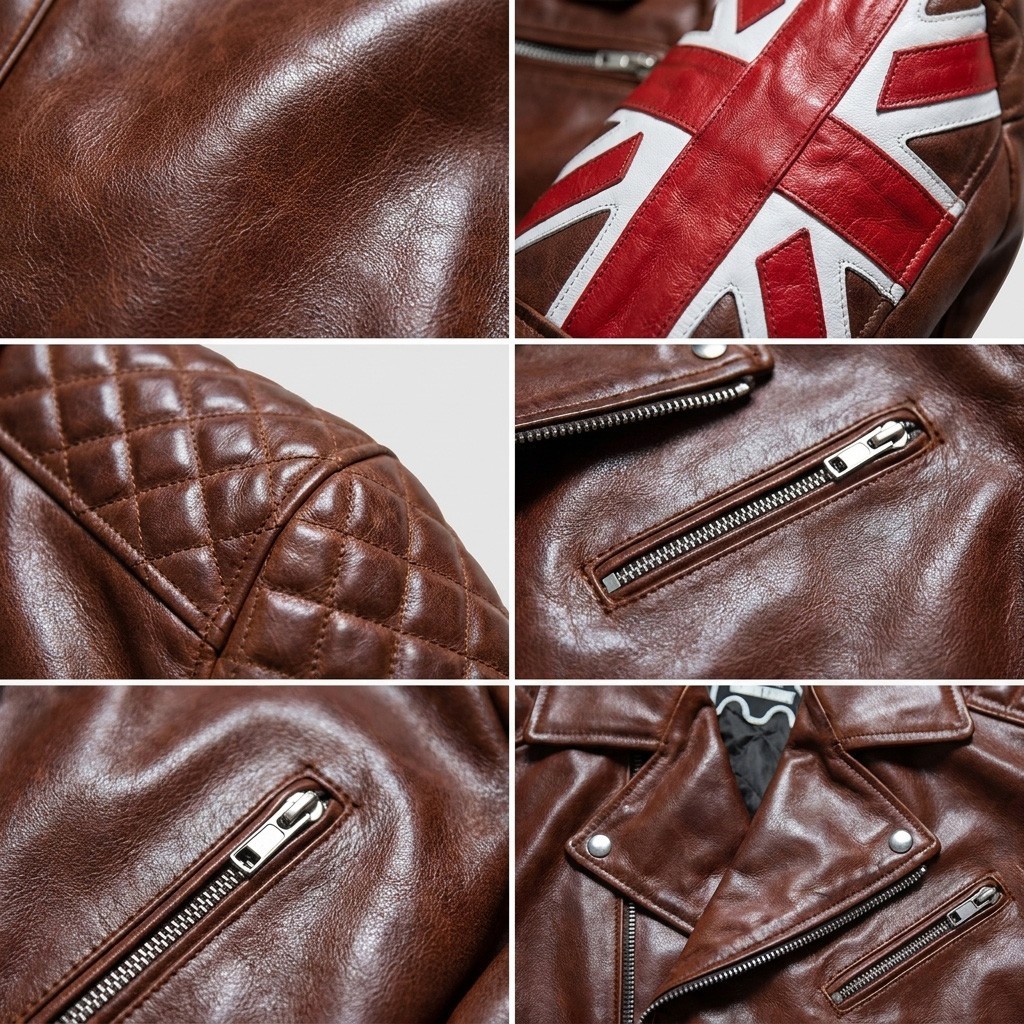 Men’s Biker Cafe Racer Motorcycle UK Flag Patch Vintage Distressed Black Leather