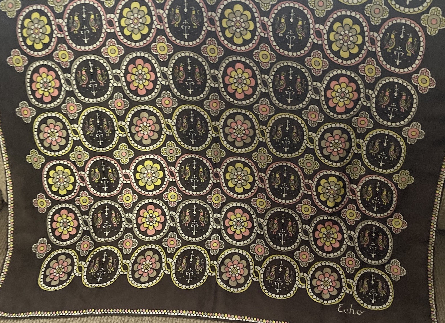 VTG ECHO Silk Scarf Flower & Bird Design Retro Brown/Yellow/Pink 27” Sq