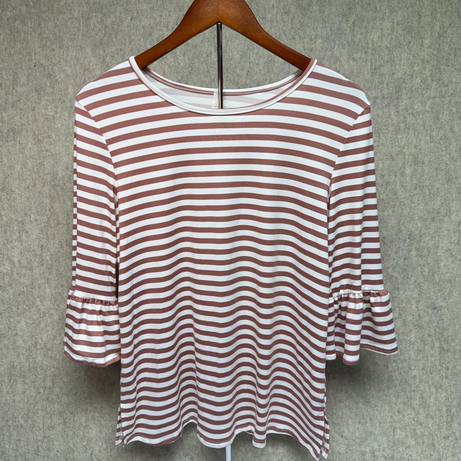 Lime n Chili Striped Top Small Mauve White 3/4 Ruffle Bell Sleeve Blouse Shirt