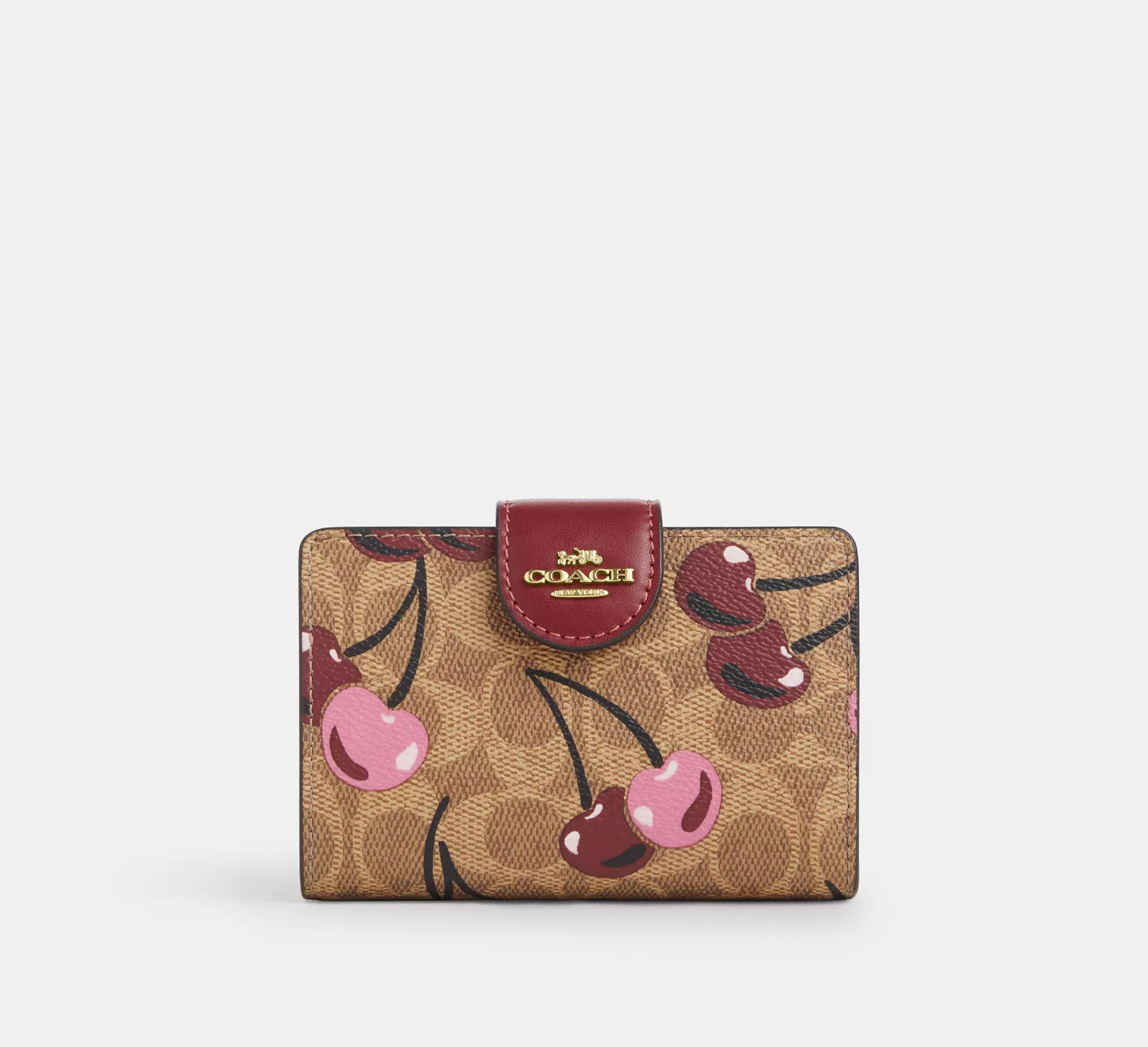 Coach Med Corner Zip Wallet Clutch CZ342 Brown Signature Canvas Cherry Print NWT