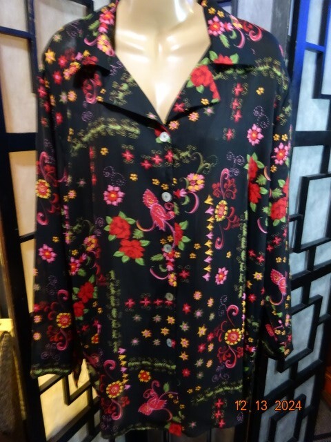 Options by Delta Burke Satin Black Floral Button Up Blouse Size 1X Long Sleeves