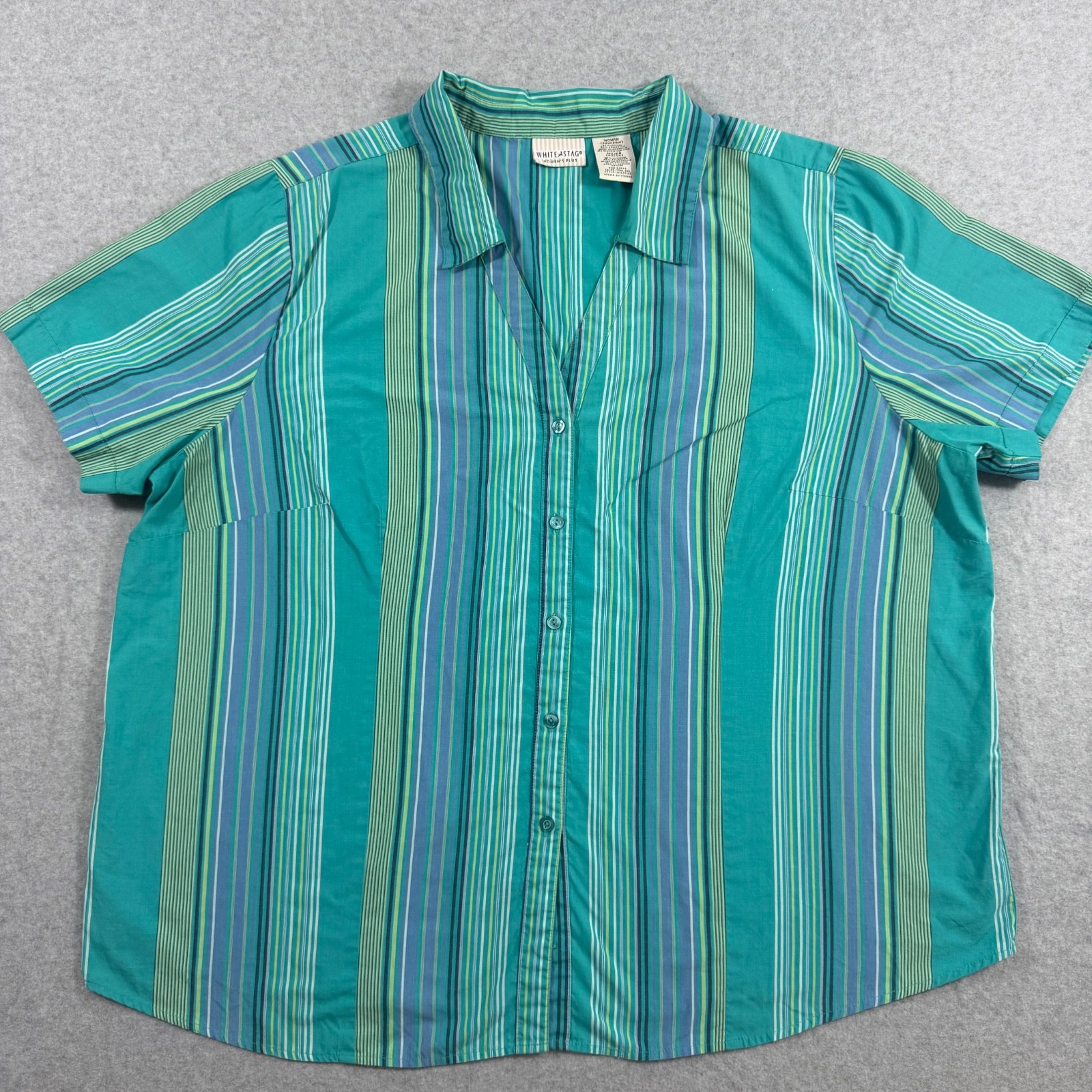 White Stag Women Plus 22W 24W Teal Striped Button Up Shirt Top