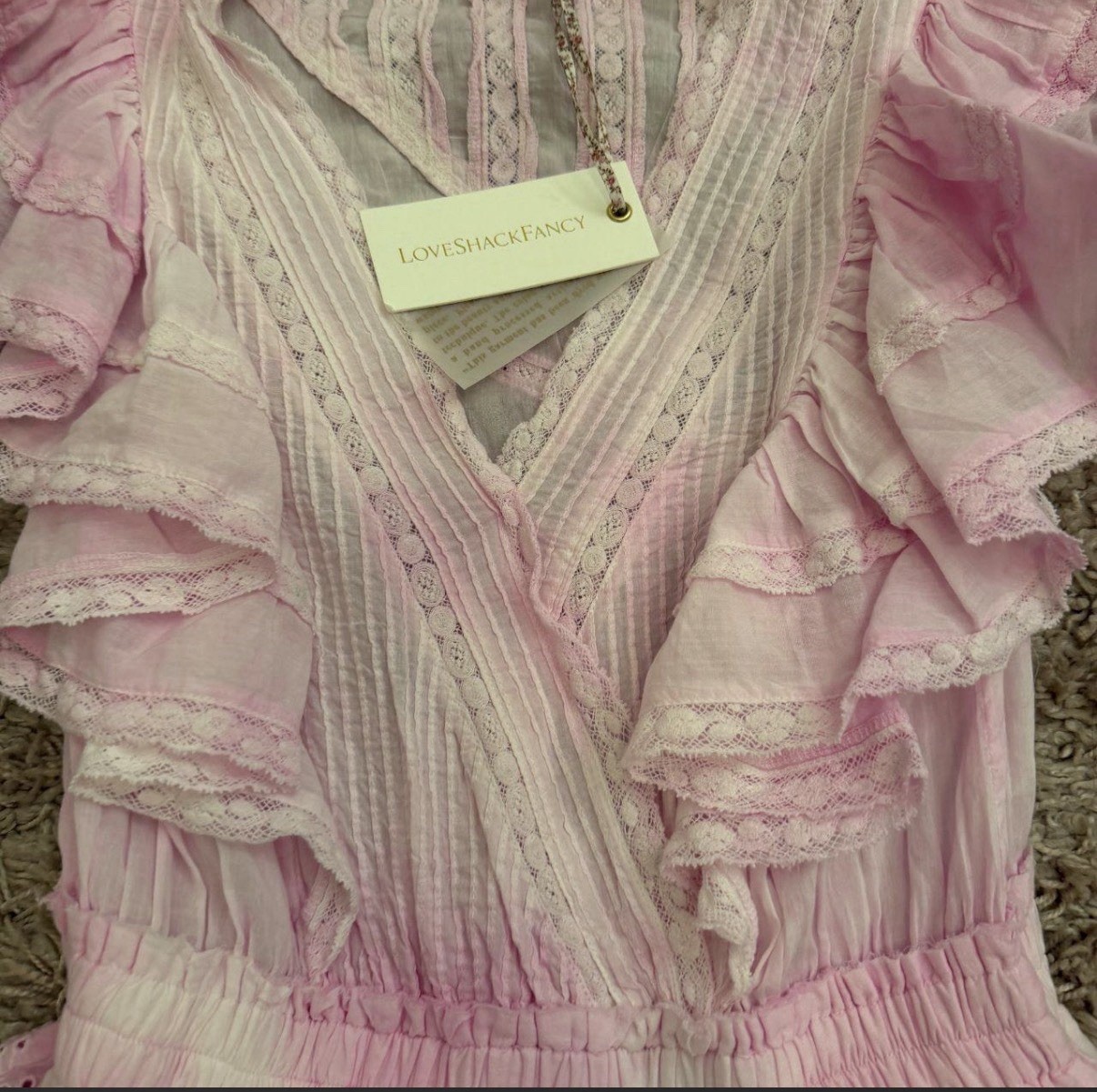 LoveShackFancy Pink/White Cotton Lace Ruffle Smocked V-Neck Mini Dress XS