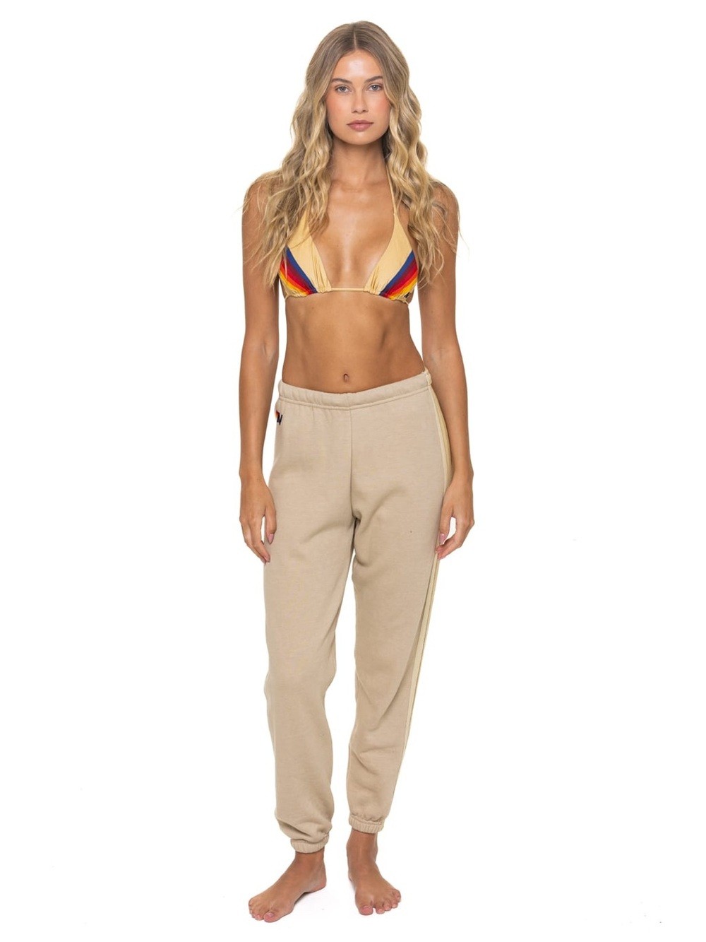 Aviator Nation 5 Stripe Sweatpants in a Sand Tan color