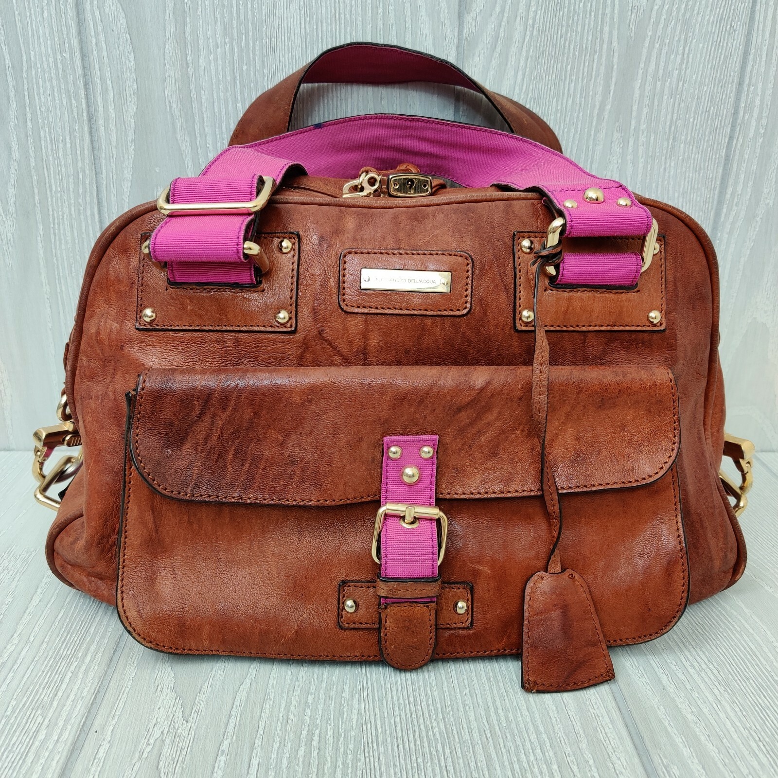 Alessandro Dell Acqua Leather Satchel in Cognac with Fuchsia Trim