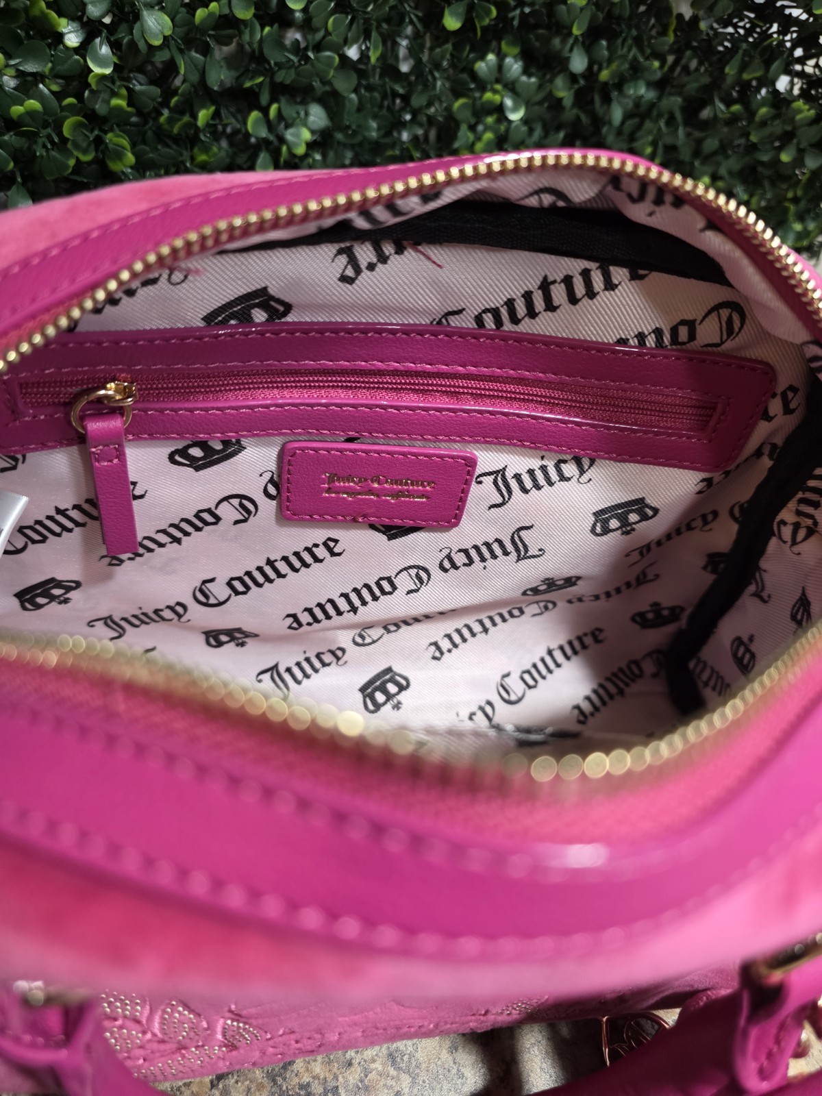 Juicy Couture Pink Logo Satchel Top Handle Zip Rhinestone Charm Gold Hardware