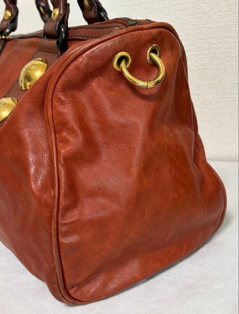 GUCCI Red Leather Boston Bag Vintage Studded Heart Charm Womens Handbag 71