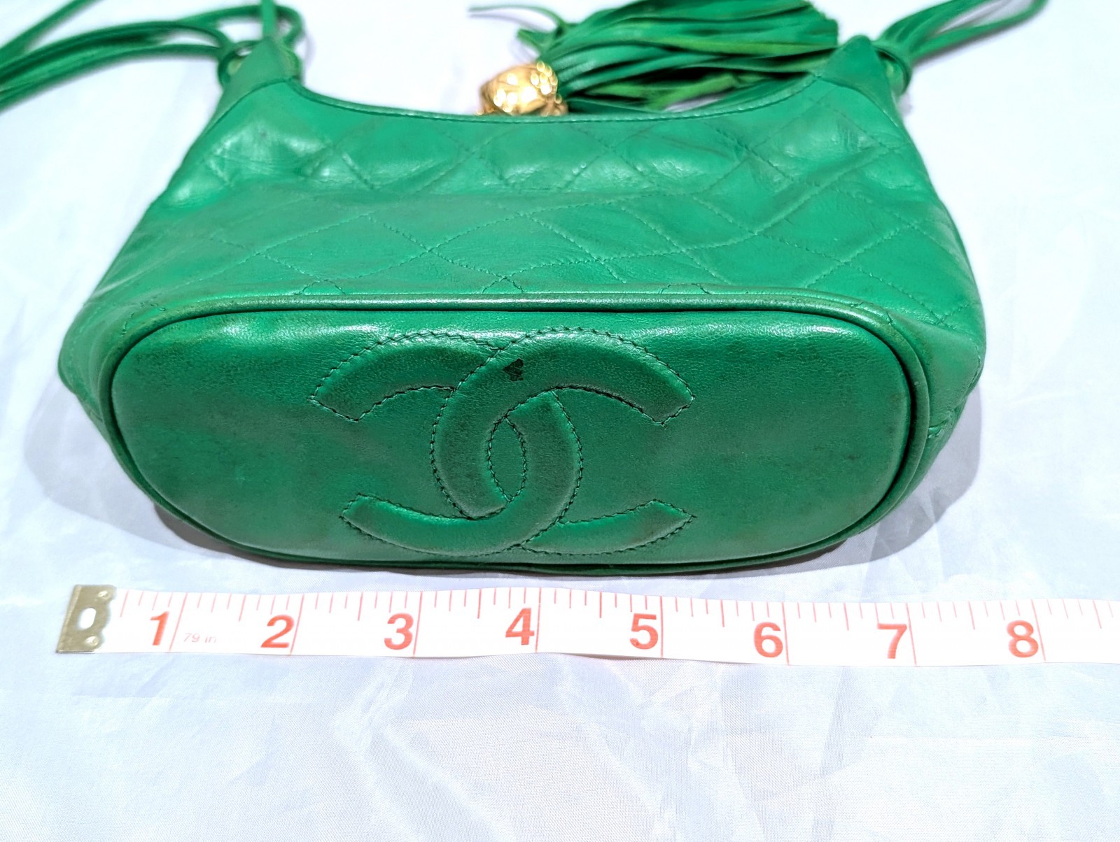 CHANEL CC Logo Fringe Charm Mini Shoulder Bag Lamb Leather Green VTG JPN