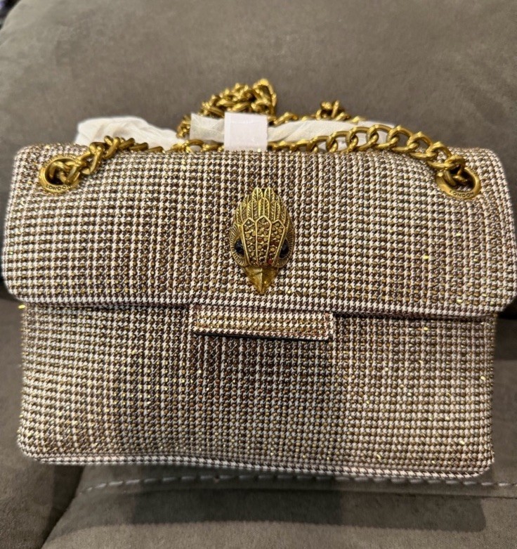 New Kurt Geiger Structured Tweed Shoulder Bag with Gold Chain – Brown & Gold