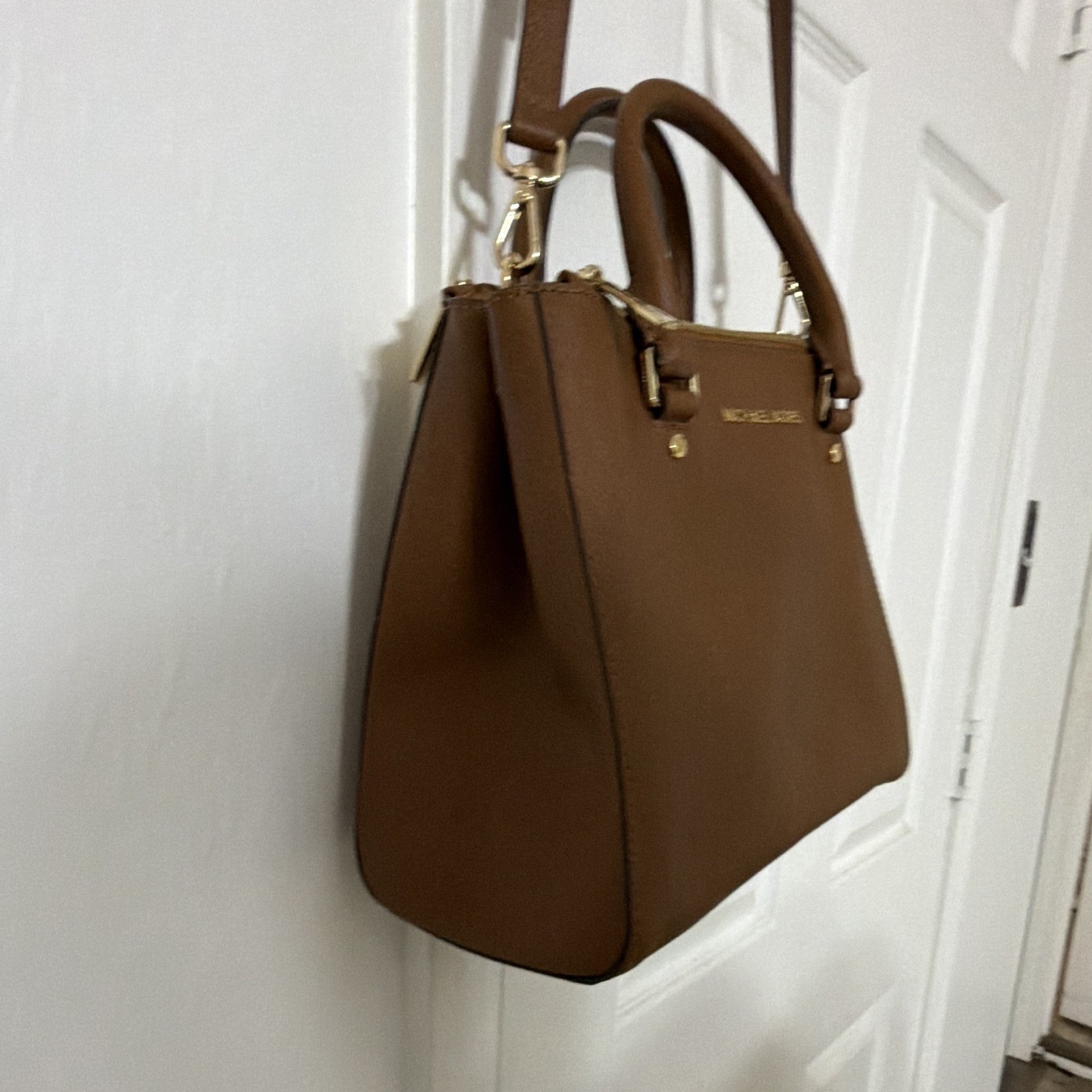 Michael Kors Brown Satchel Top Handle Bag Gold Hardware Detachable Strap